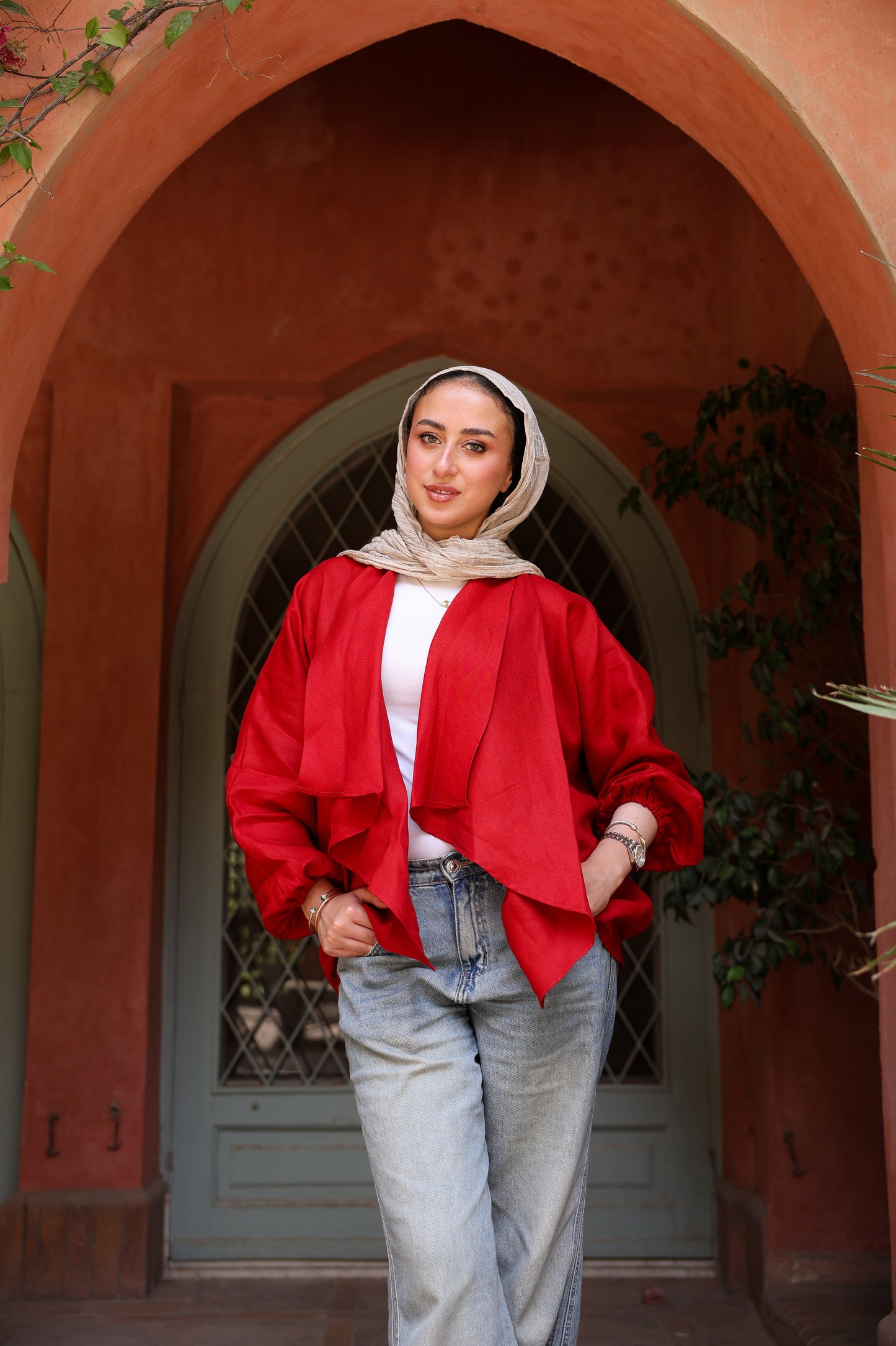 Sunny Weave pure linen cardigan in deep red