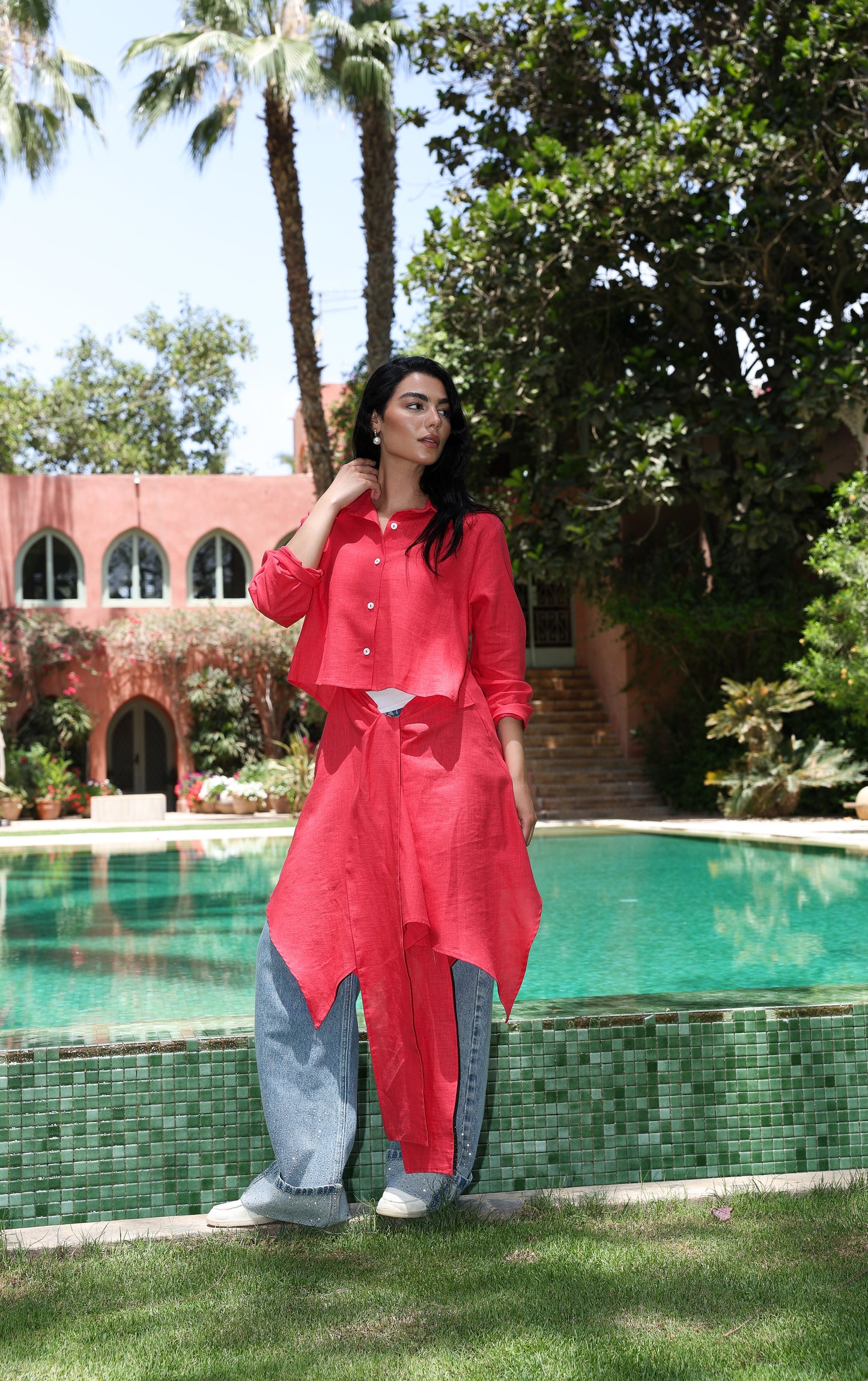 Paneled Tie-front shirt In watermelon red
