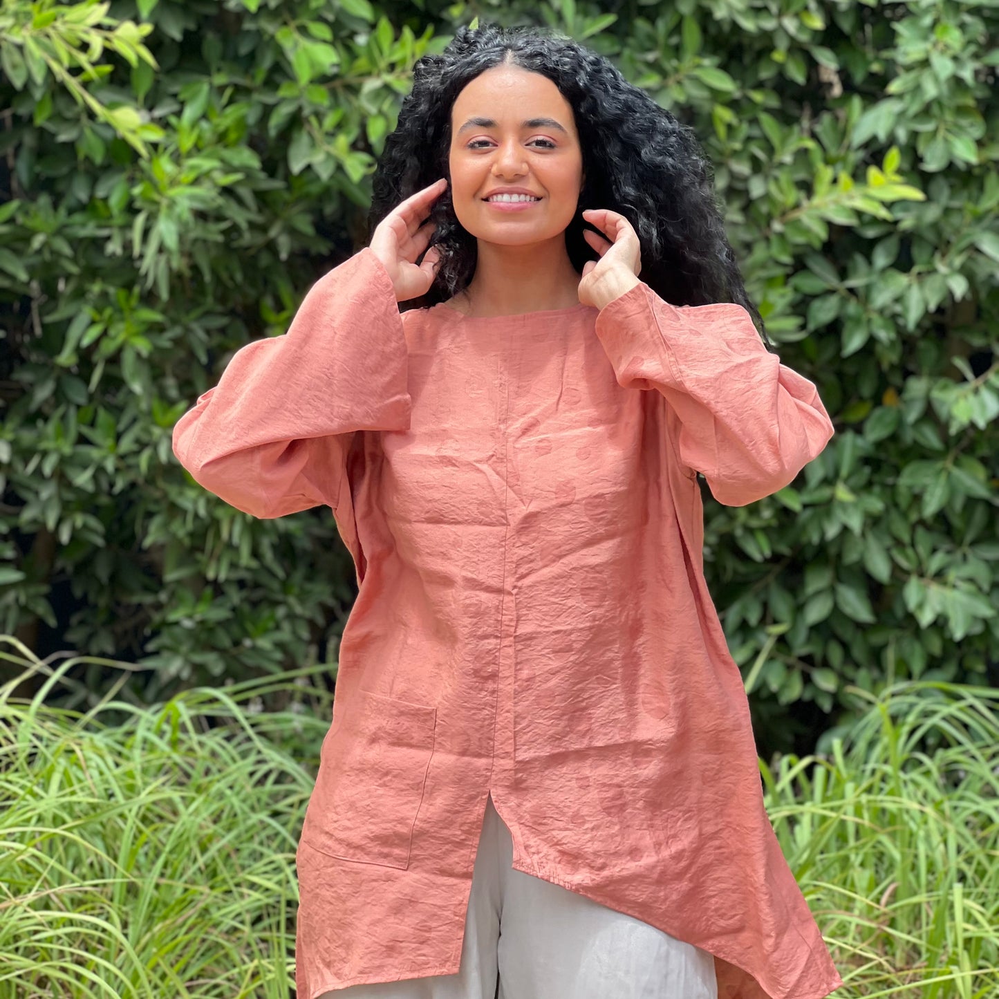 Light orange linen jacquard free size boho blouse
