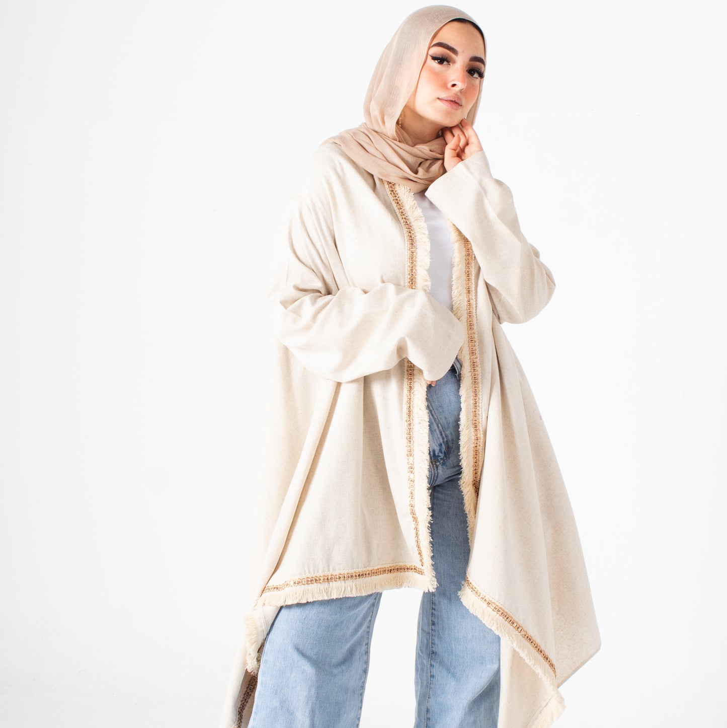 Cream linen high and low free size cardigan