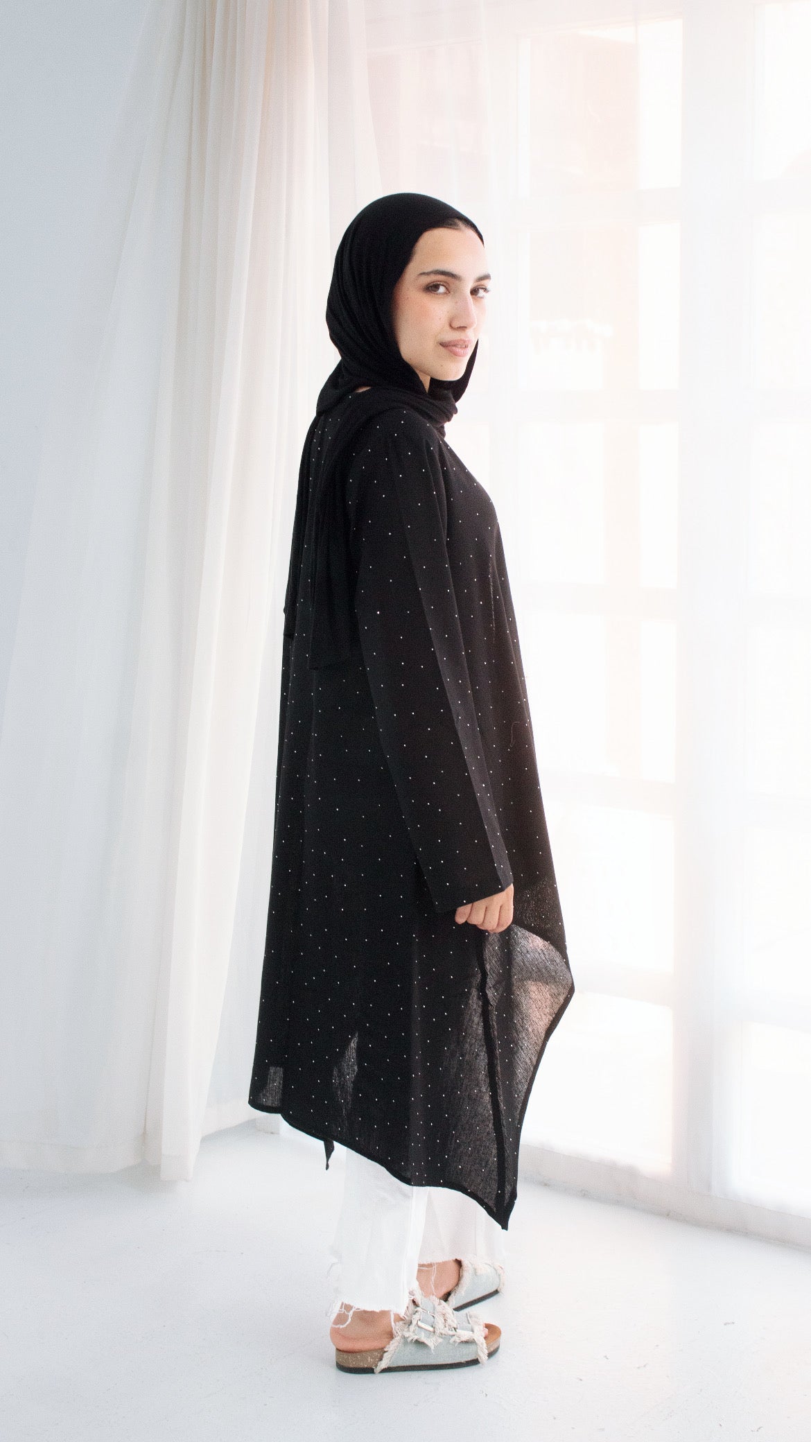 Studded black linen cardigan