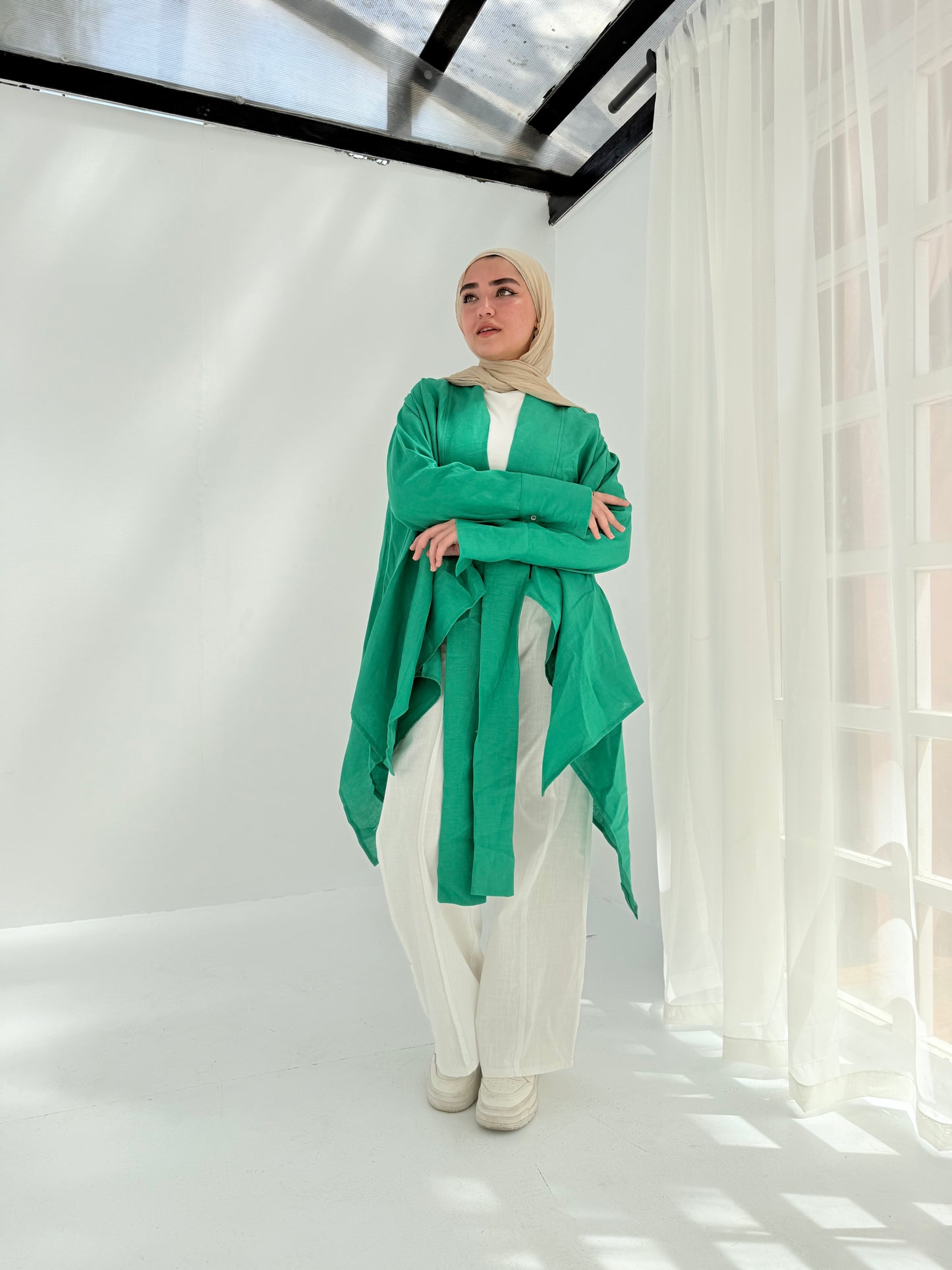 Pure linen cardigan in green