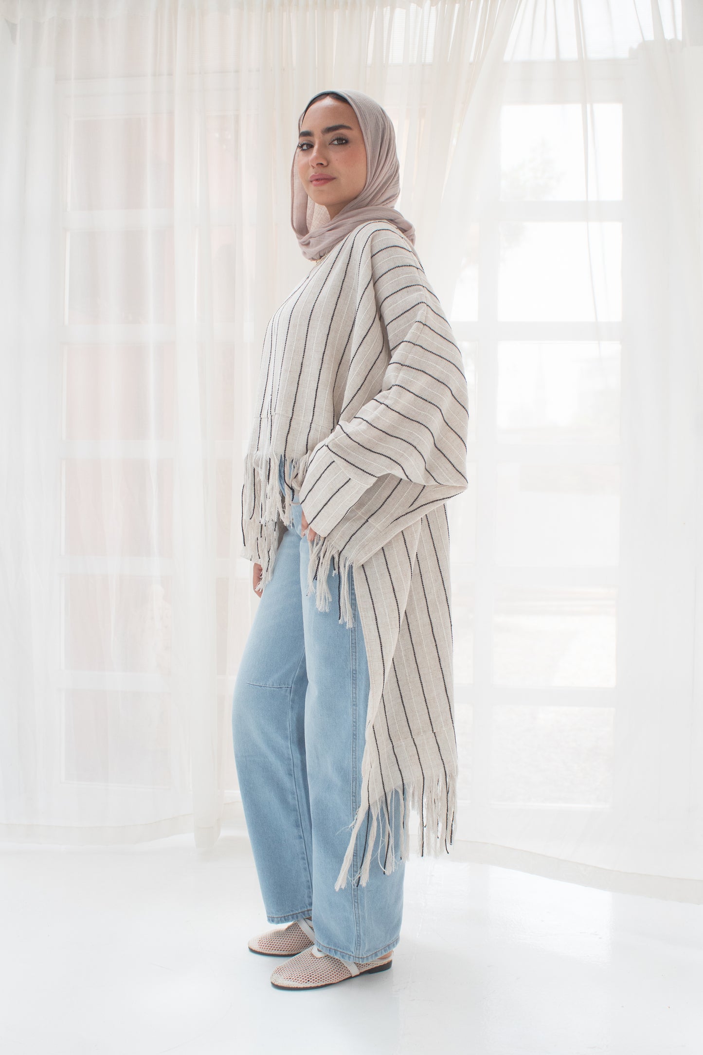 Boho stripped high and low linen blouse