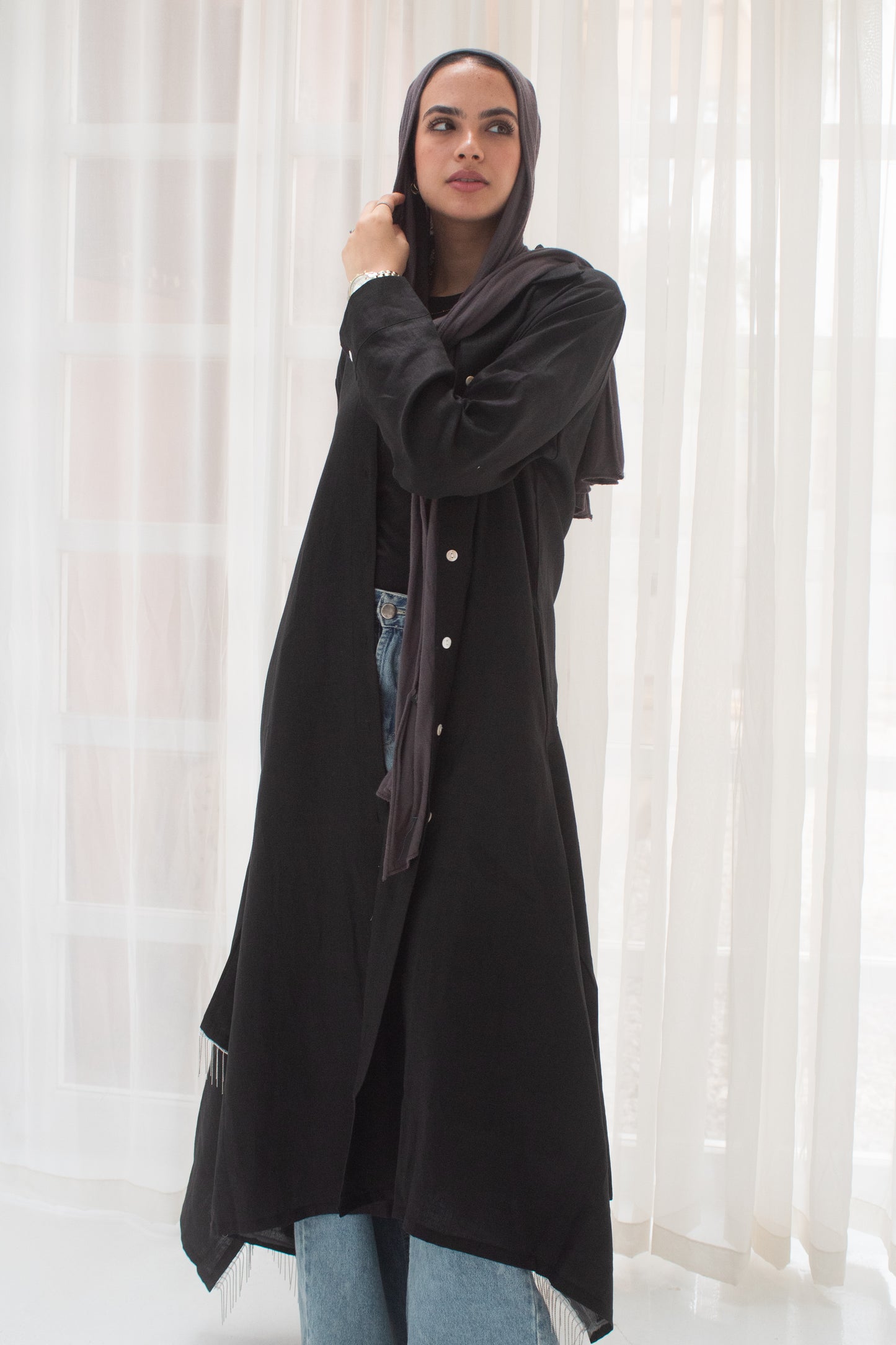 Black pure linen long shirt dress