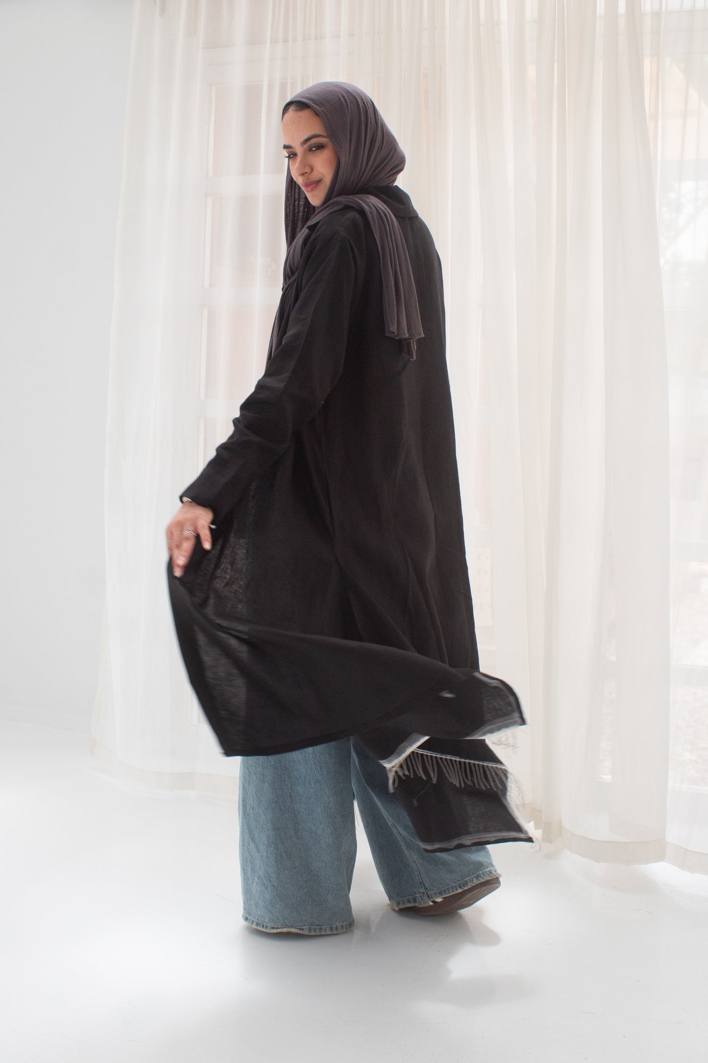 Black pure linen long shirt dress