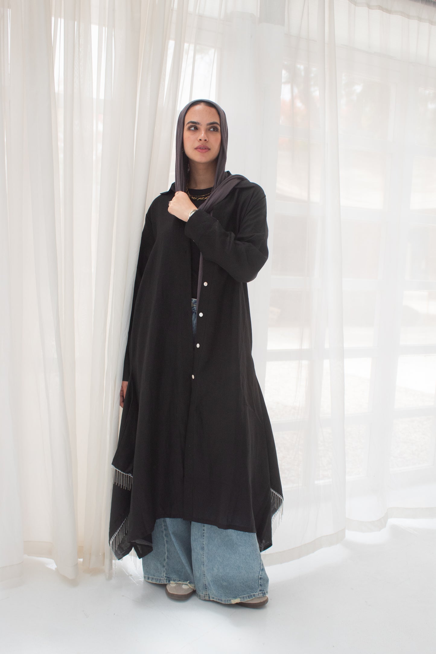 Black pure linen long shirt dress