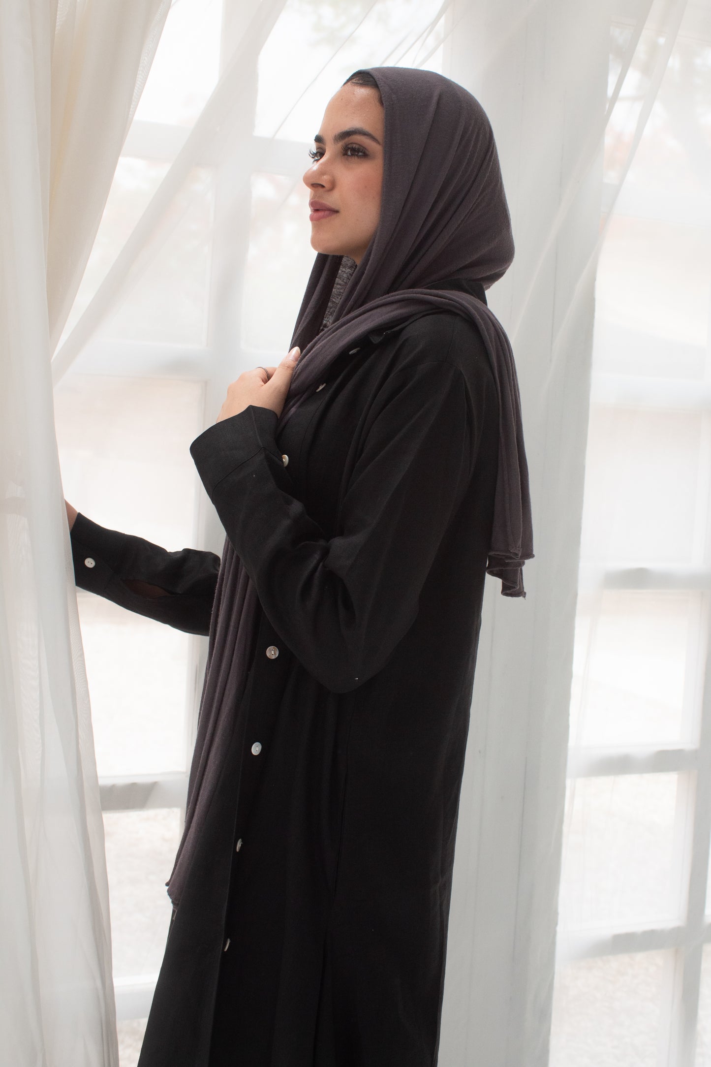 Black pure linen long shirt dress