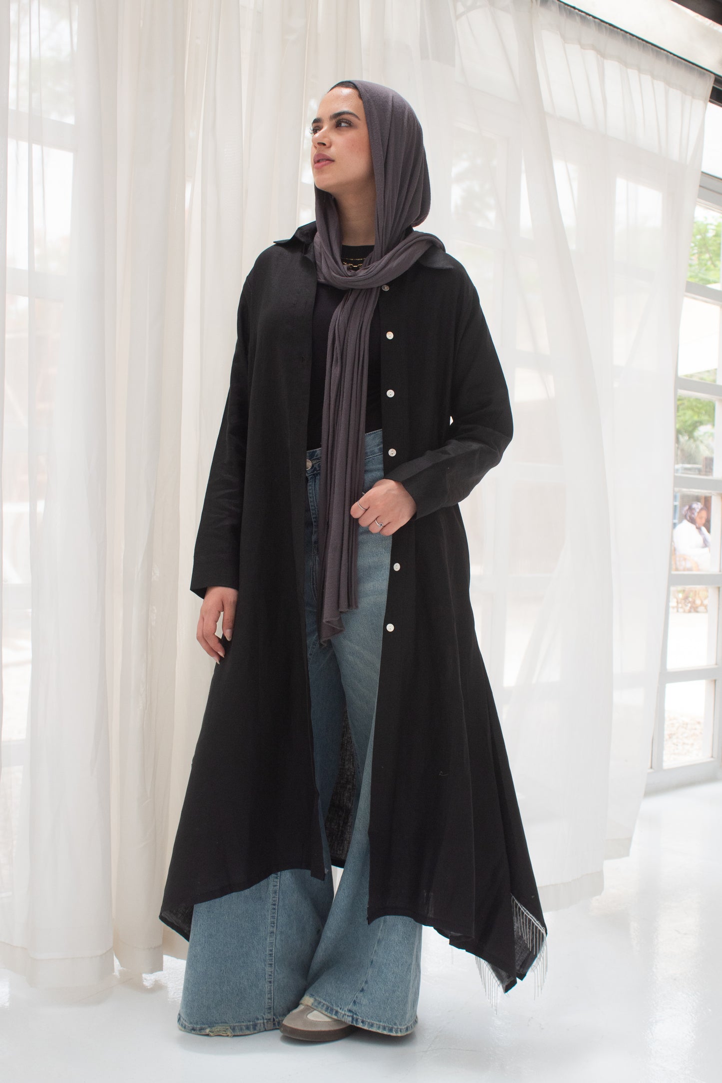 Black pure linen long shirt dress