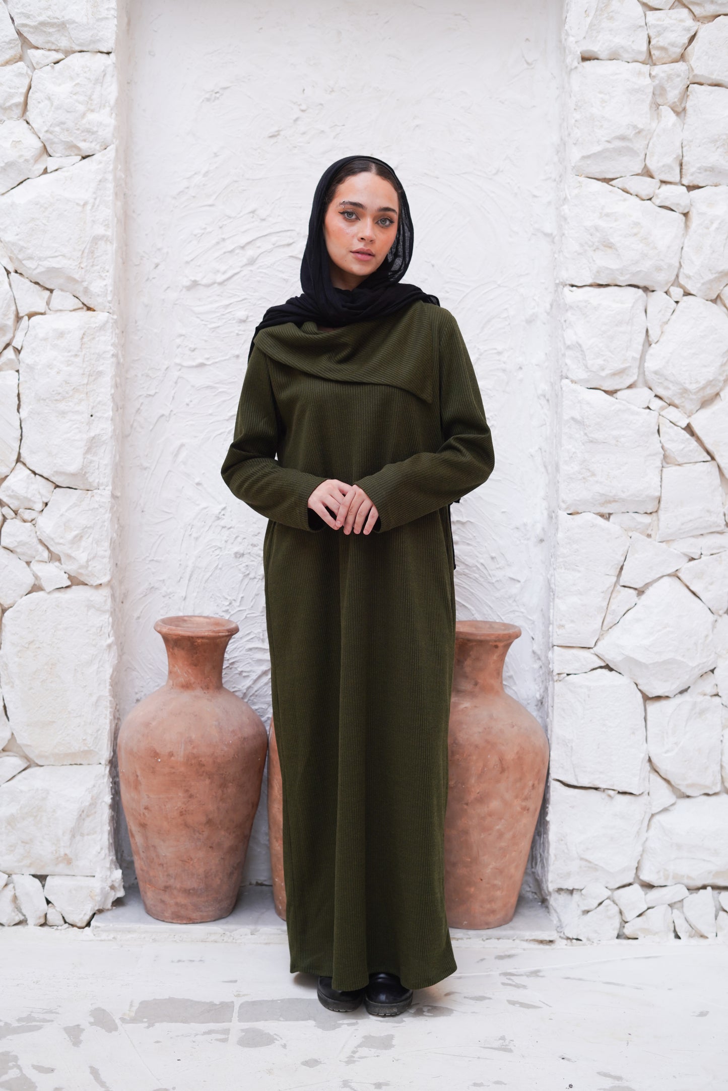 Knit Olive Wide Neck Dress