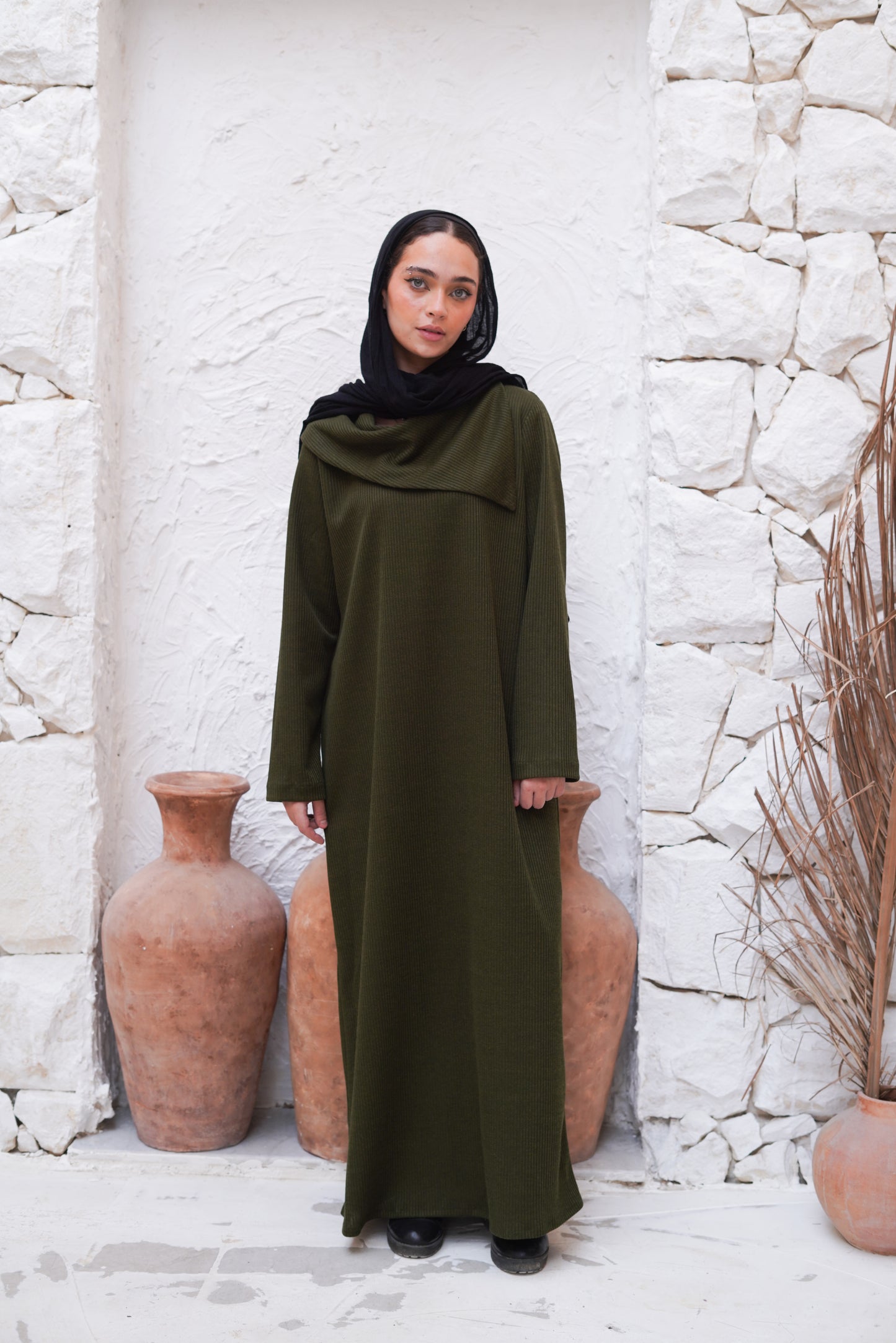 Knit Olive Wide Neck Dress