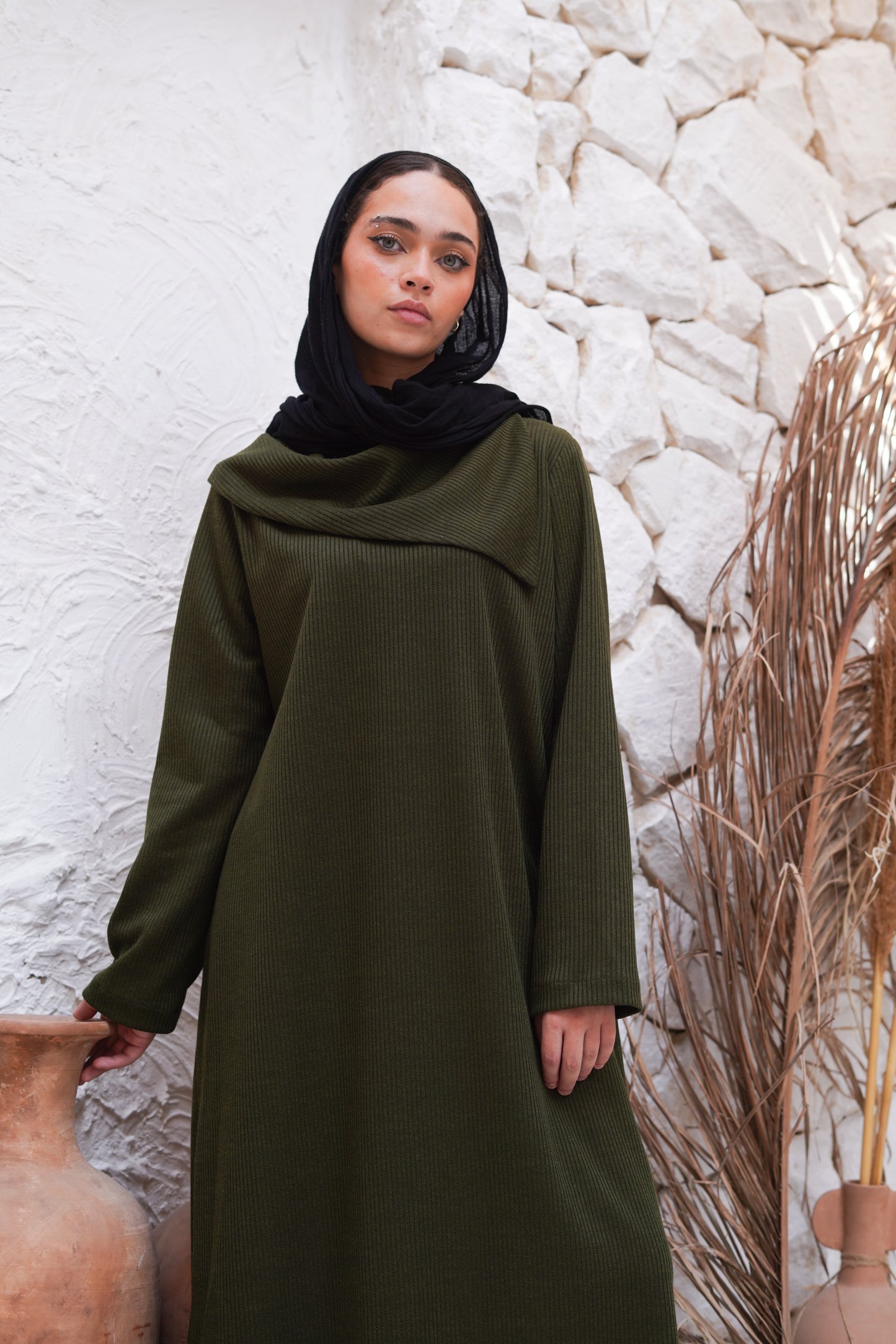 Knit Olive Wide Neck Dress