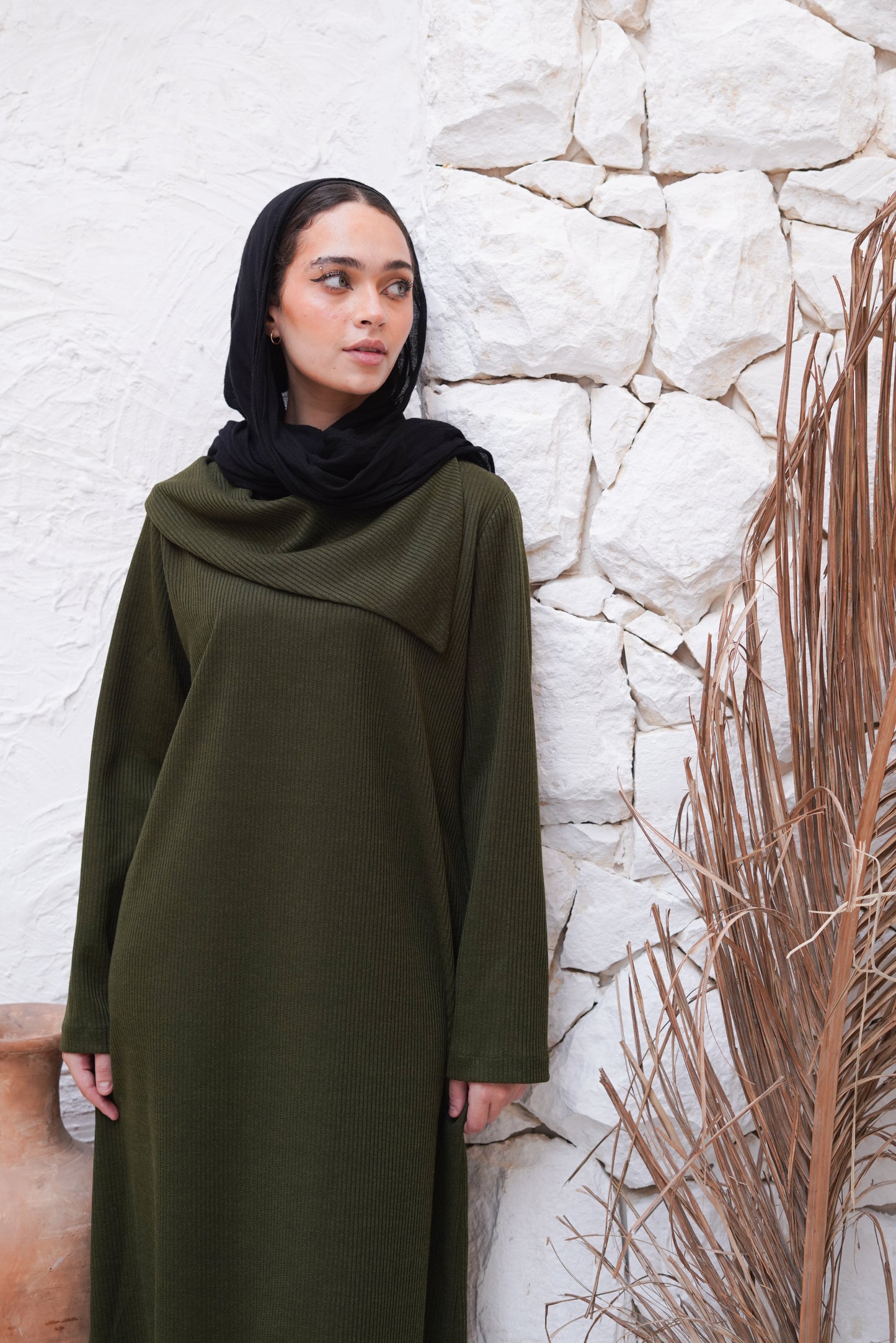 Knit Olive Wide Neck Dress