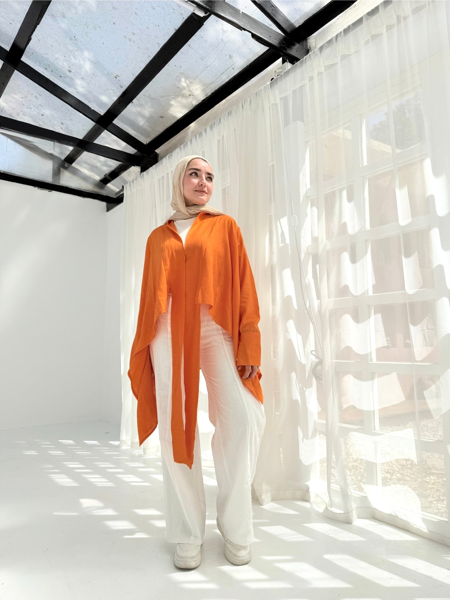 Pure linen cardigan in orange