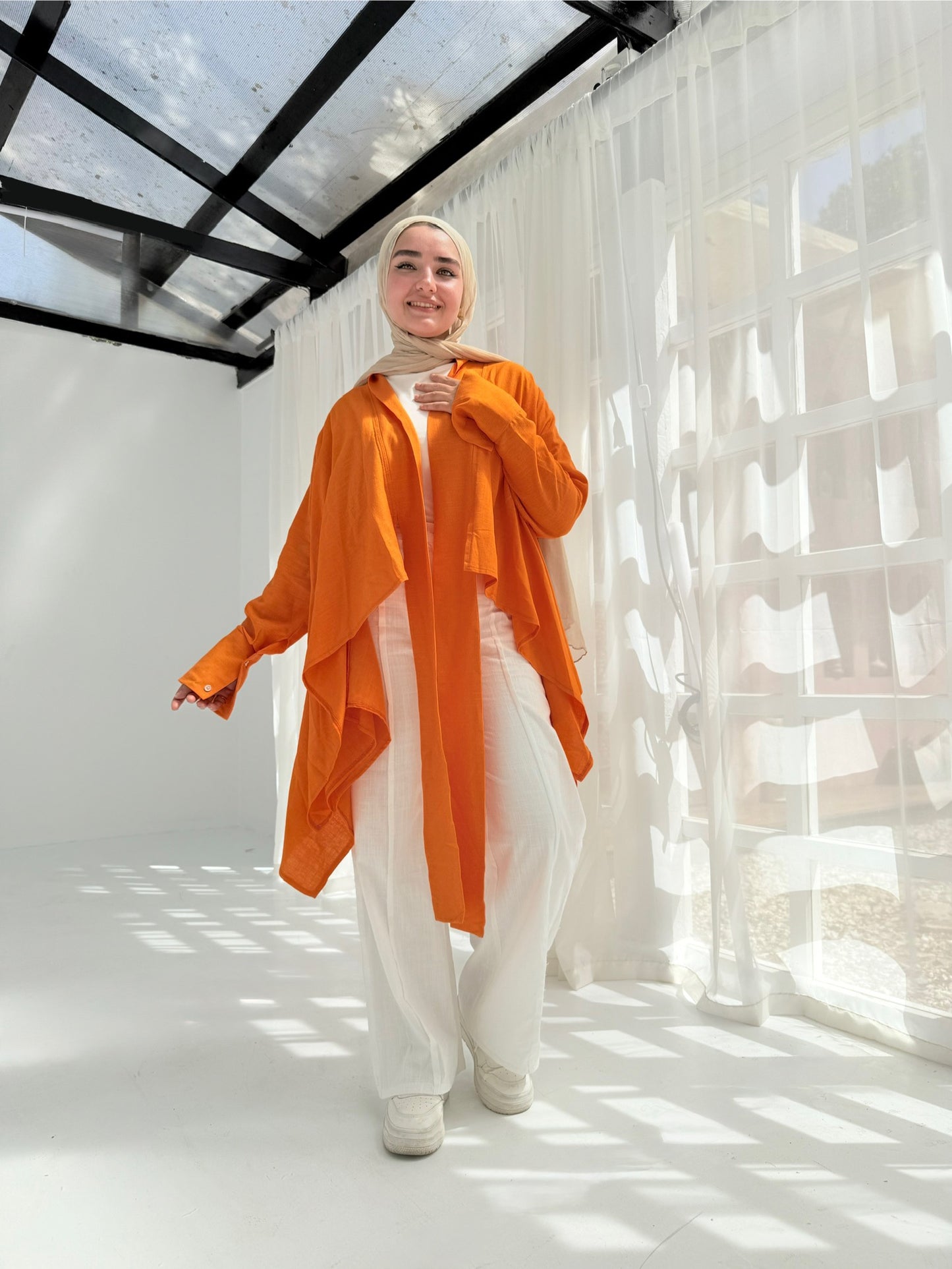 Pure linen cardigan in orange