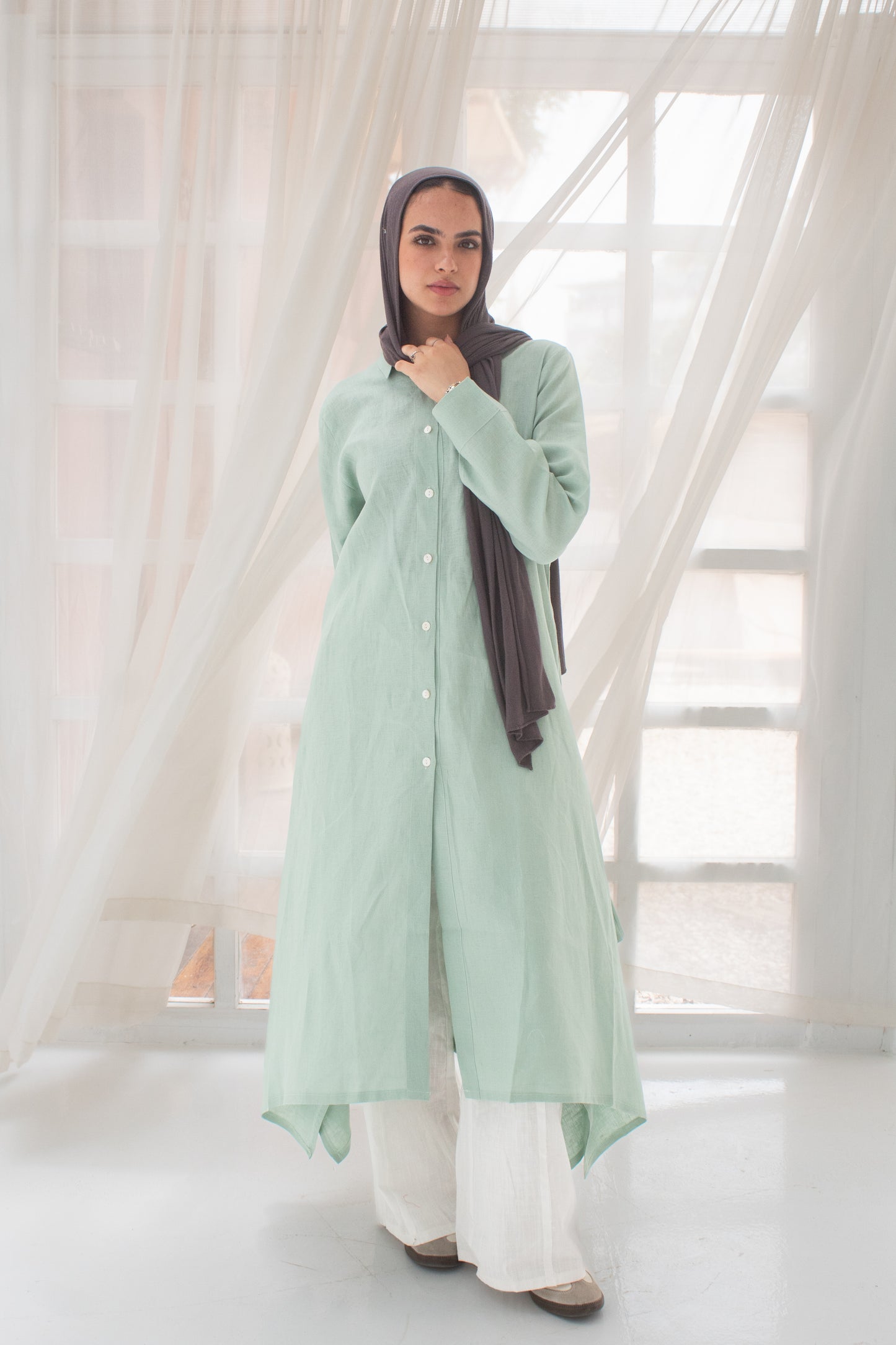 Cool mint pure linen long shirt dress