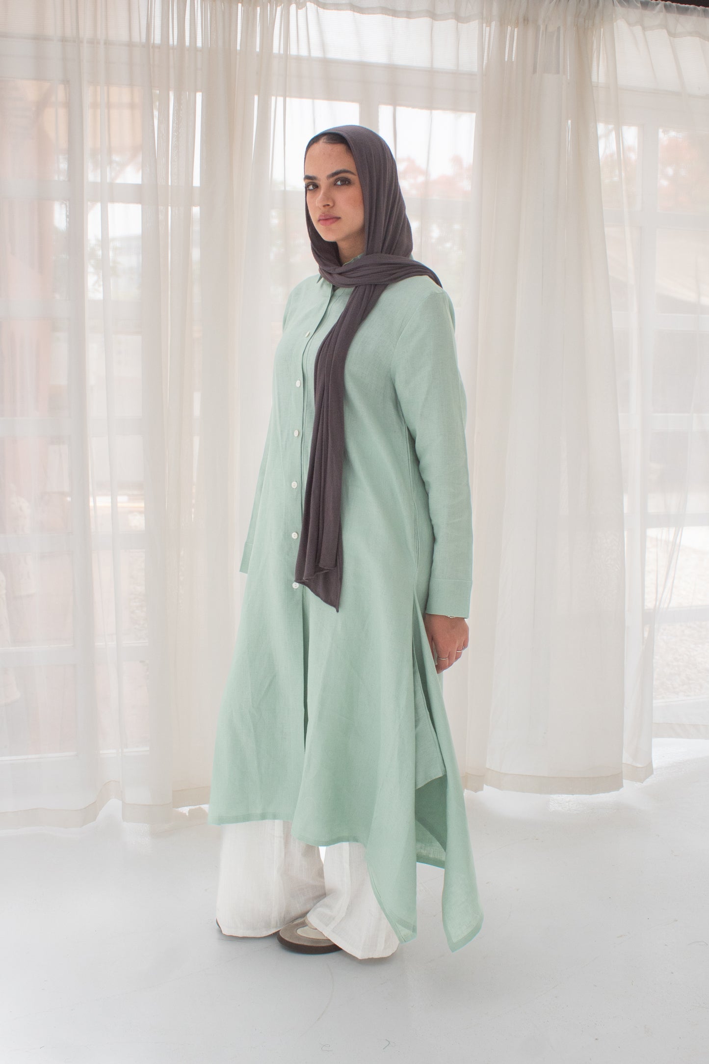 Cool mint pure linen long shirt dress