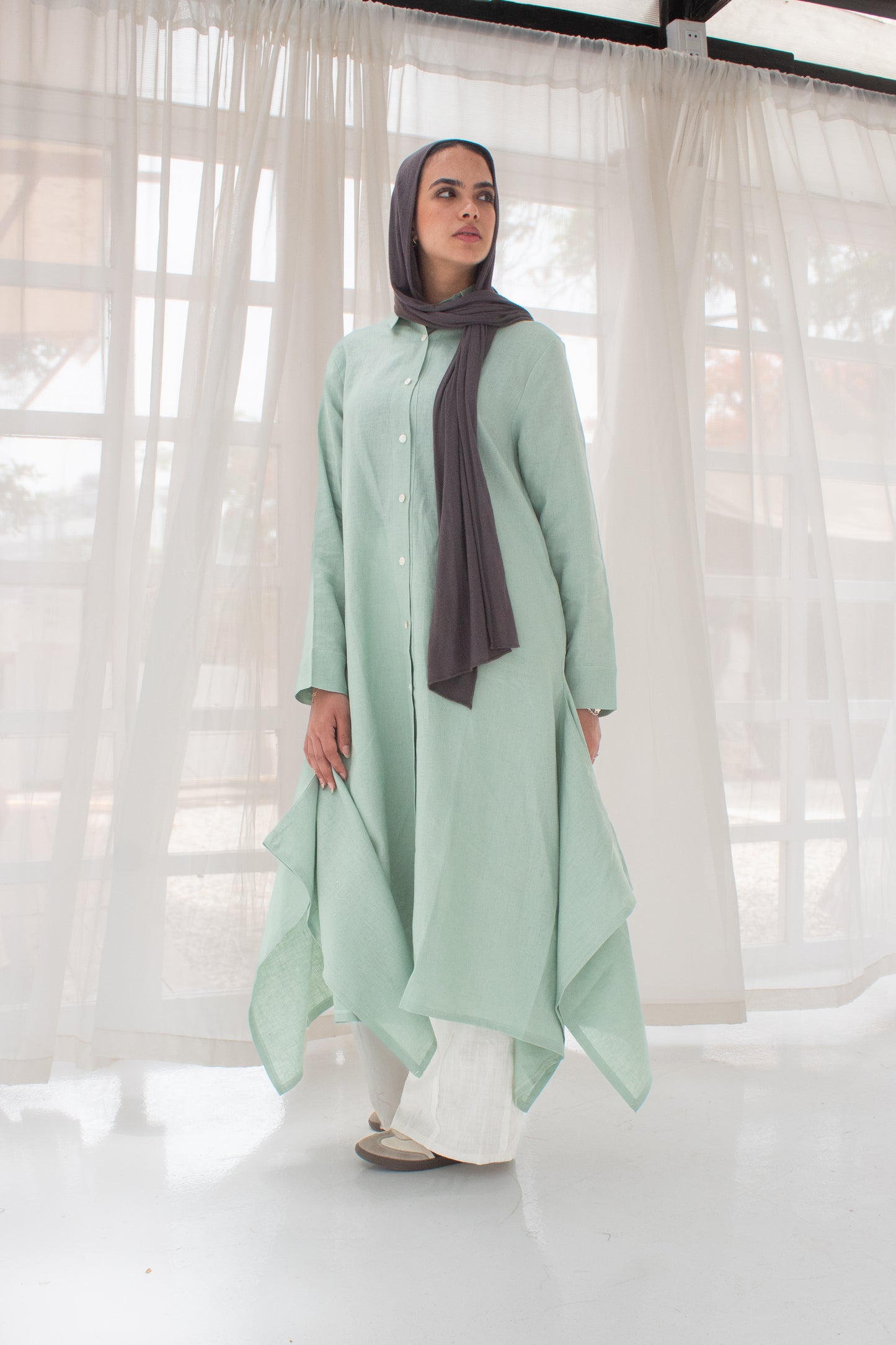 Cool mint pure linen long shirt dress