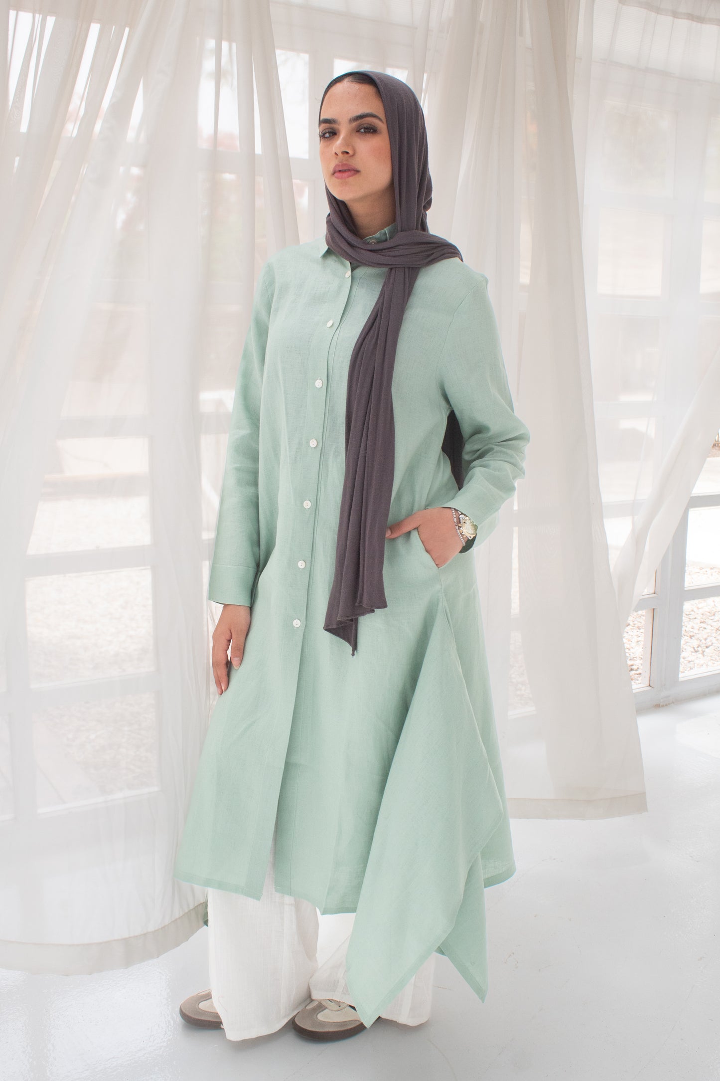 Cool mint pure linen long shirt dress