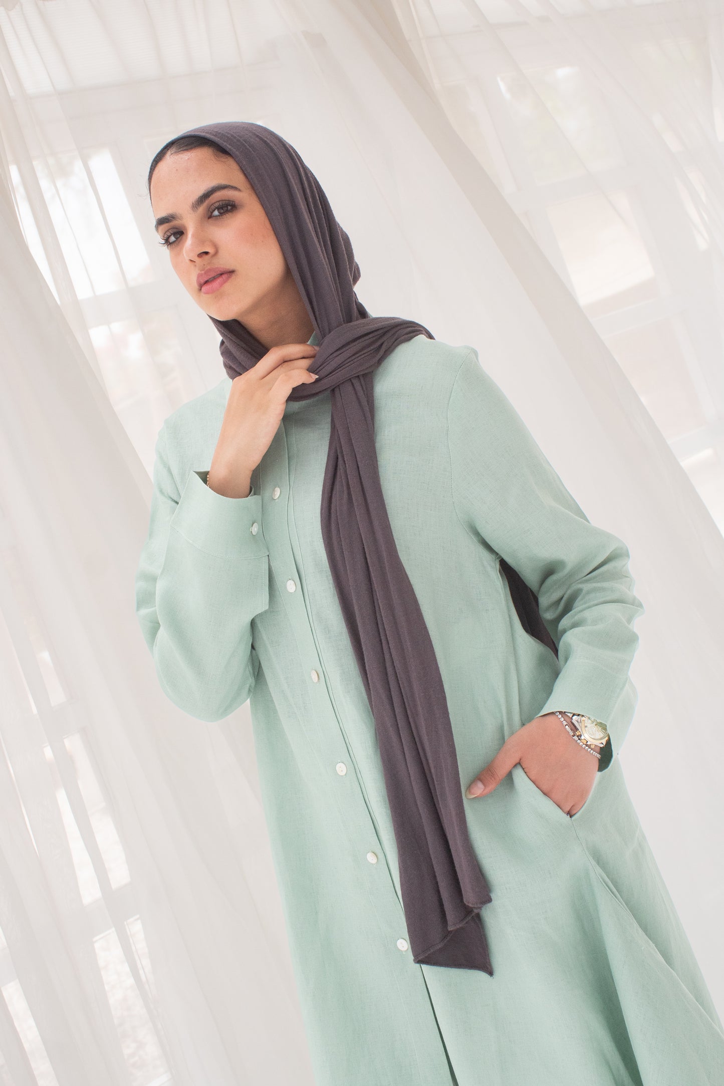 Cool mint pure linen long shirt dress