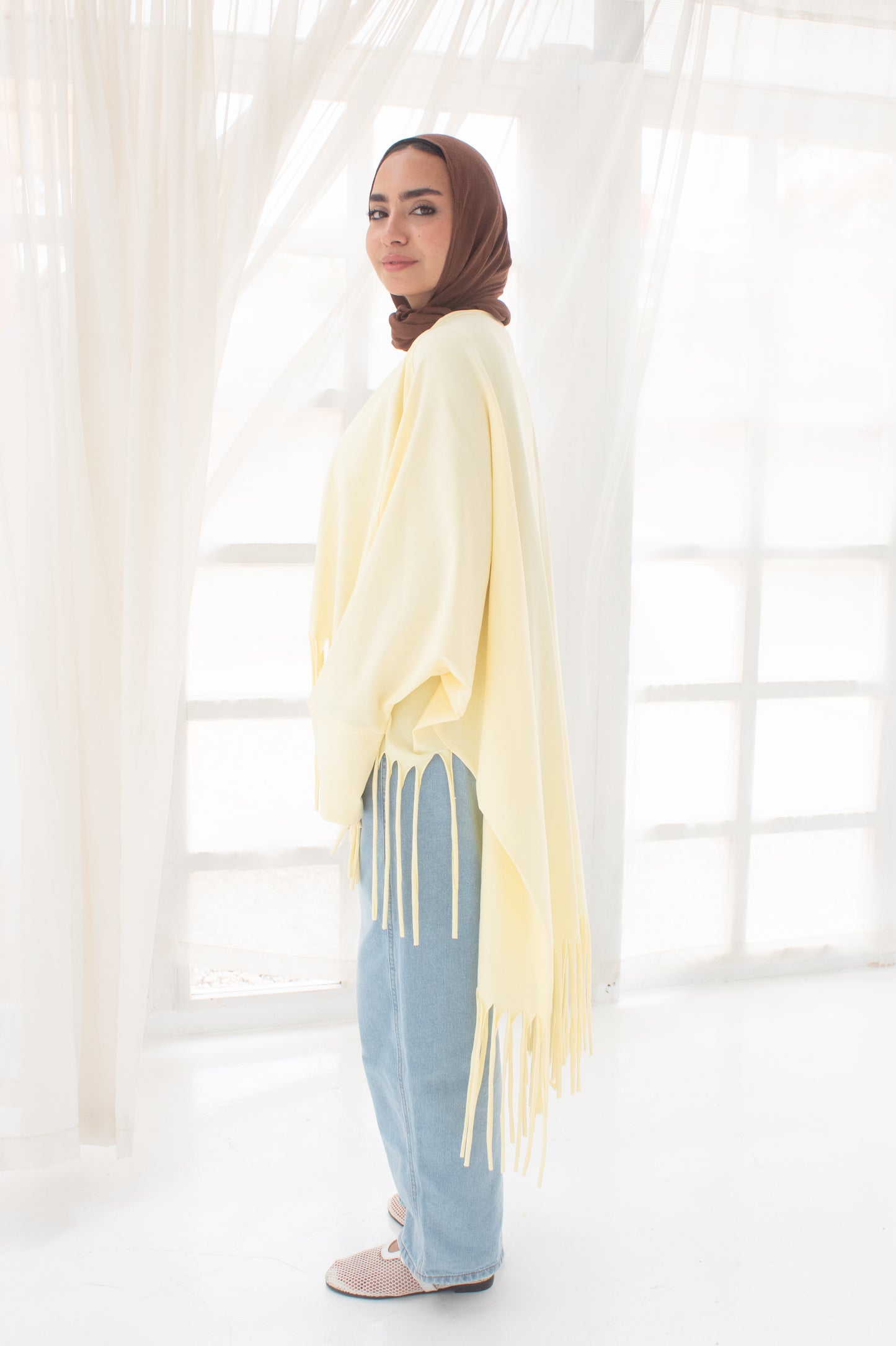 Soft cotton oversized T-shirt with fringes In yellow