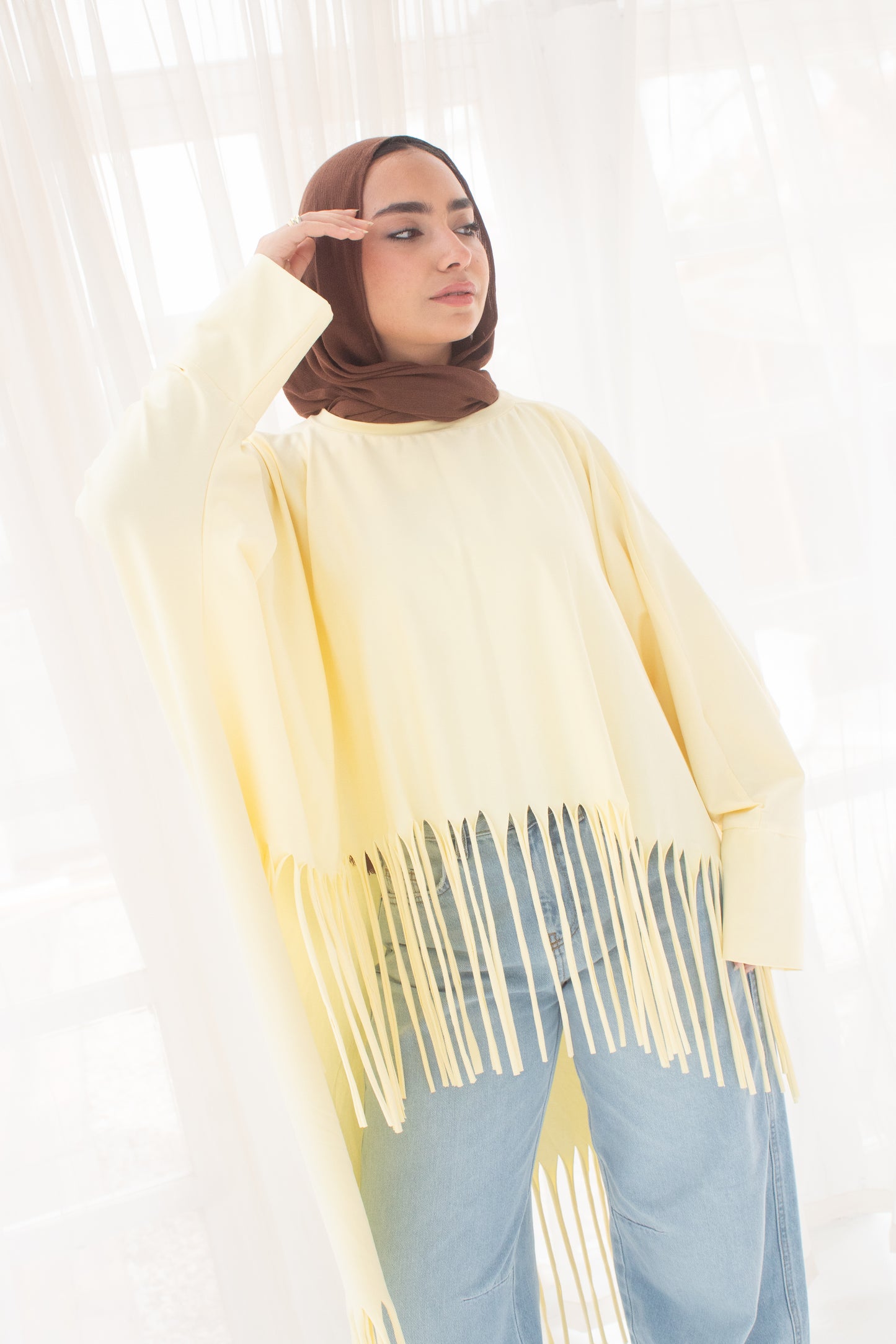 Soft cotton oversized T-shirt with fringes In yellow