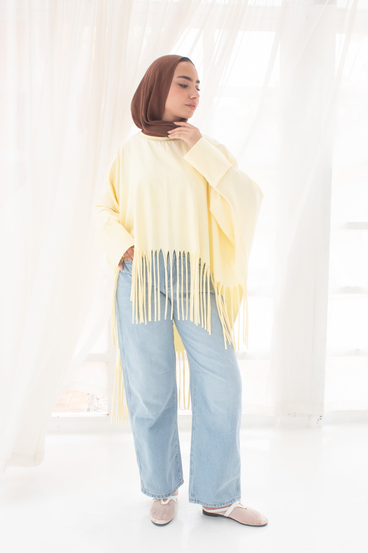 Soft cotton oversized T-shirt with fringes In yellow