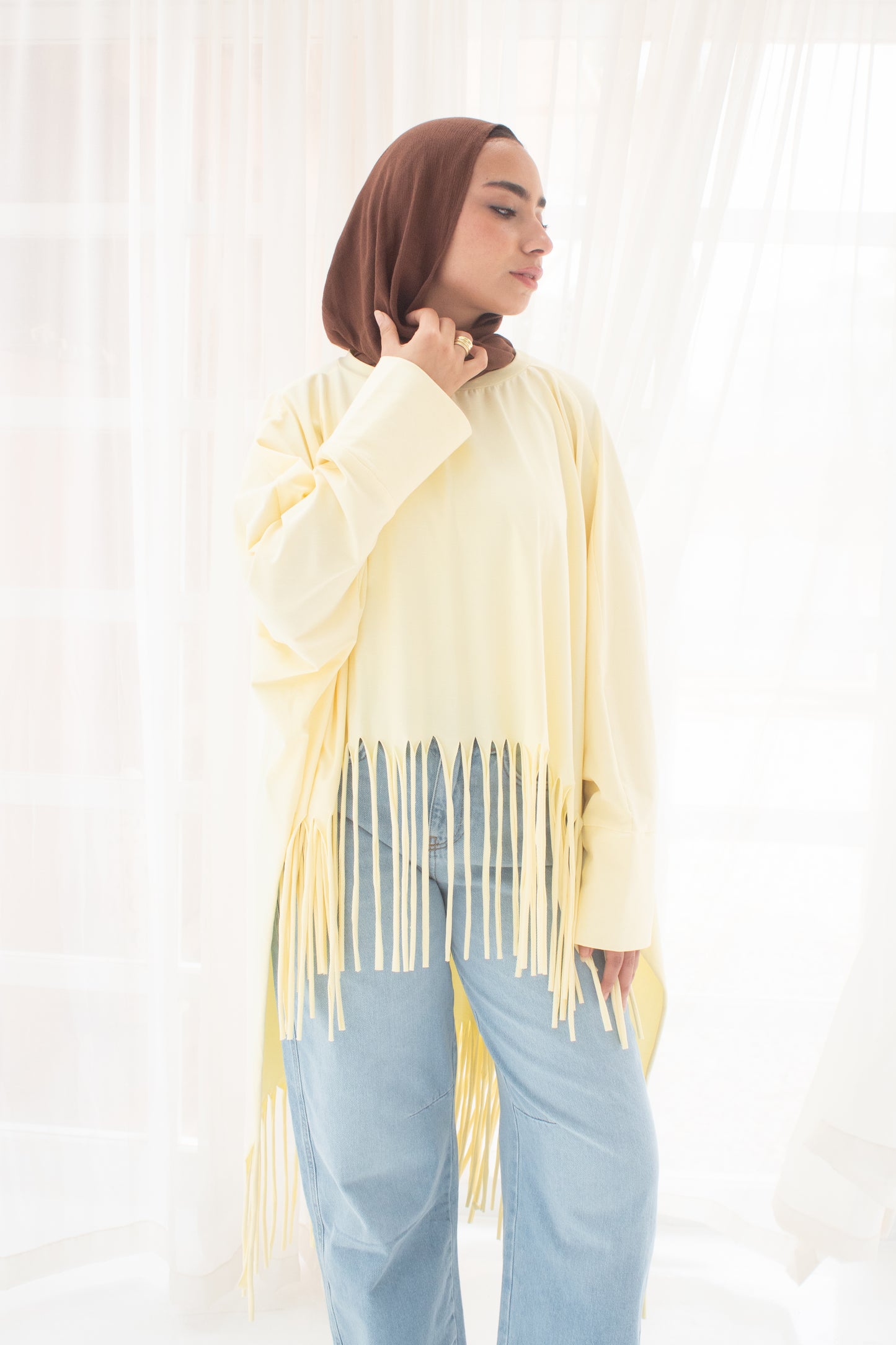 Soft cotton oversized T-shirt with fringes In yellow
