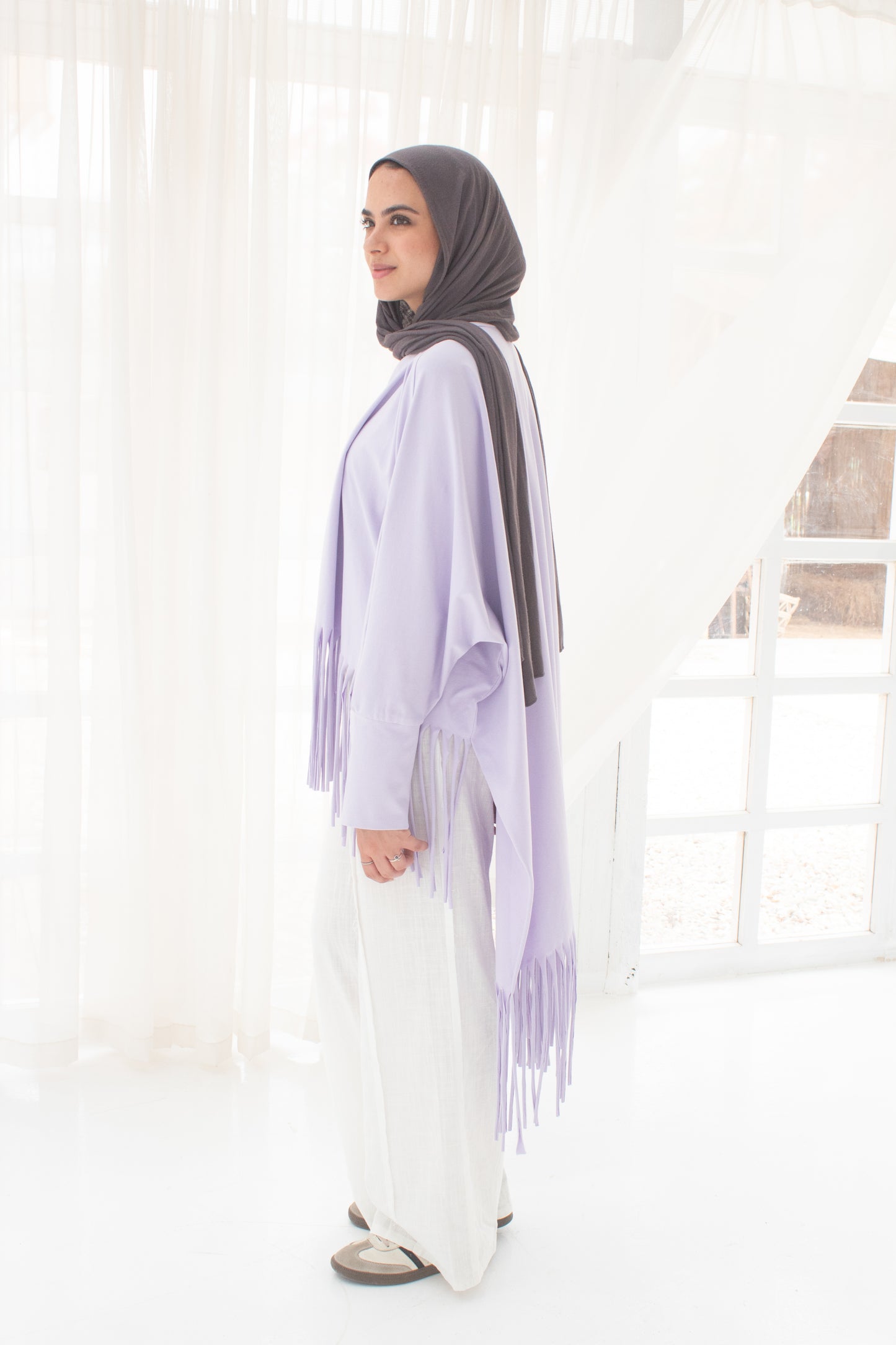 Soft cotton oversized T-shirt with fringes In lilac