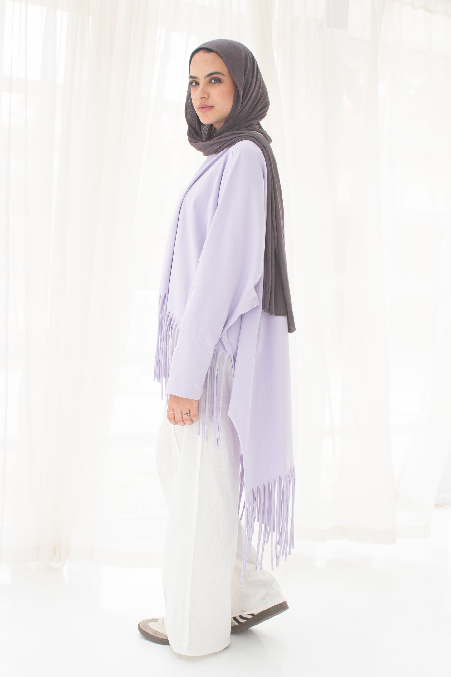 Soft cotton oversized T-shirt with fringes In lilac