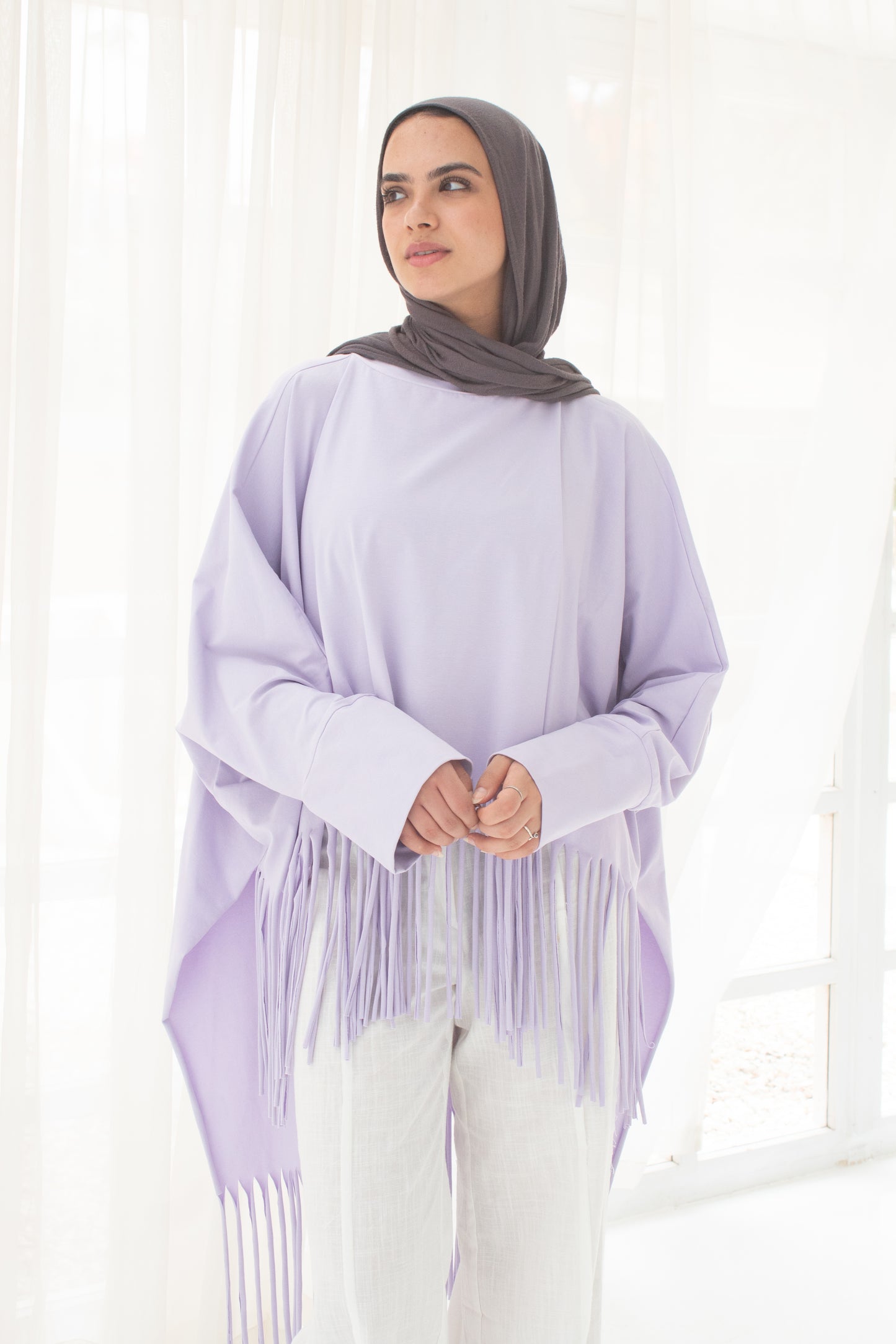 Soft cotton oversized T-shirt with fringes In lilac