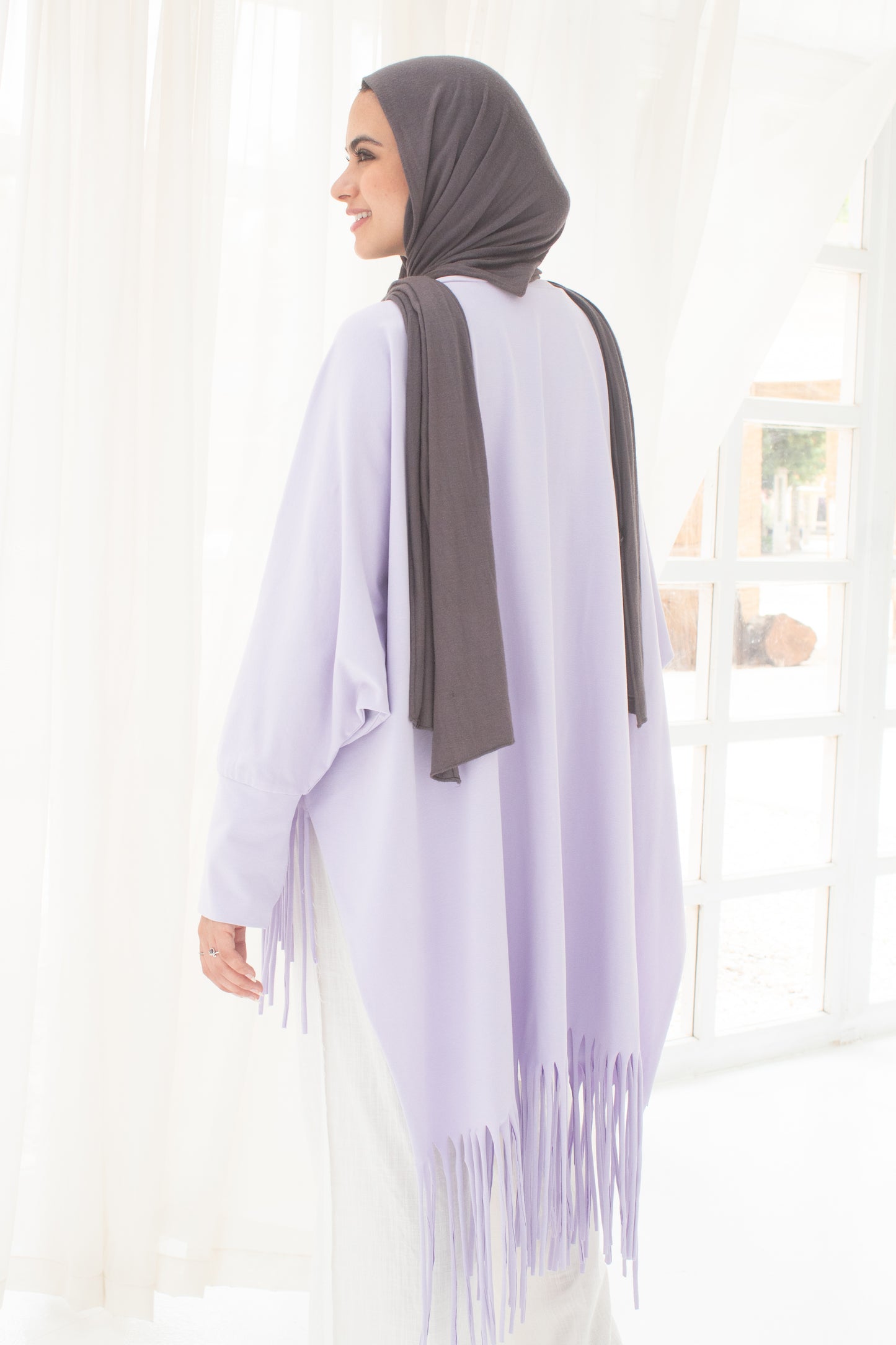 Soft cotton oversized T-shirt with fringes In lilac