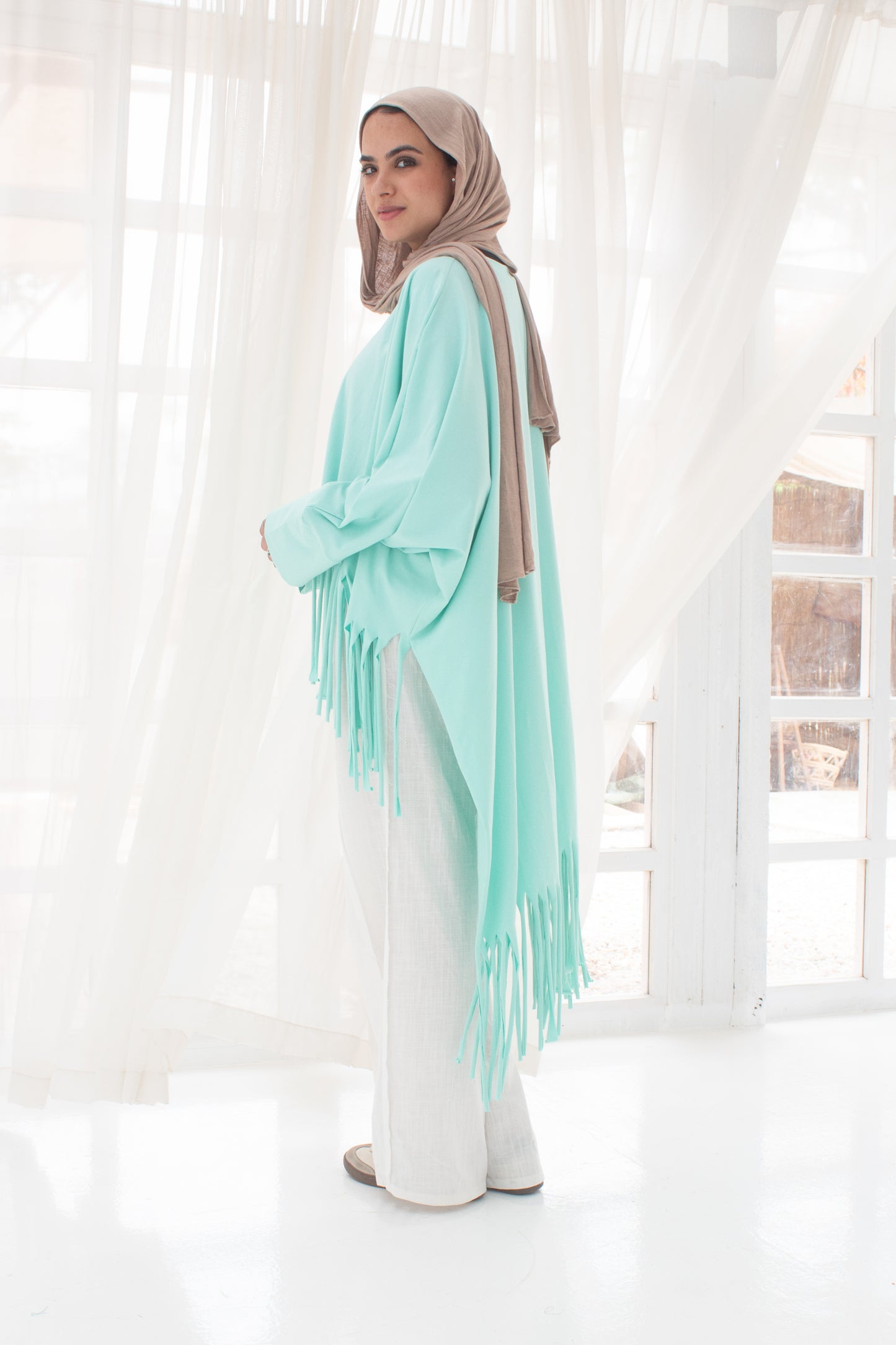 Soft cotton oversized T-shirt with fringes in aqua sky