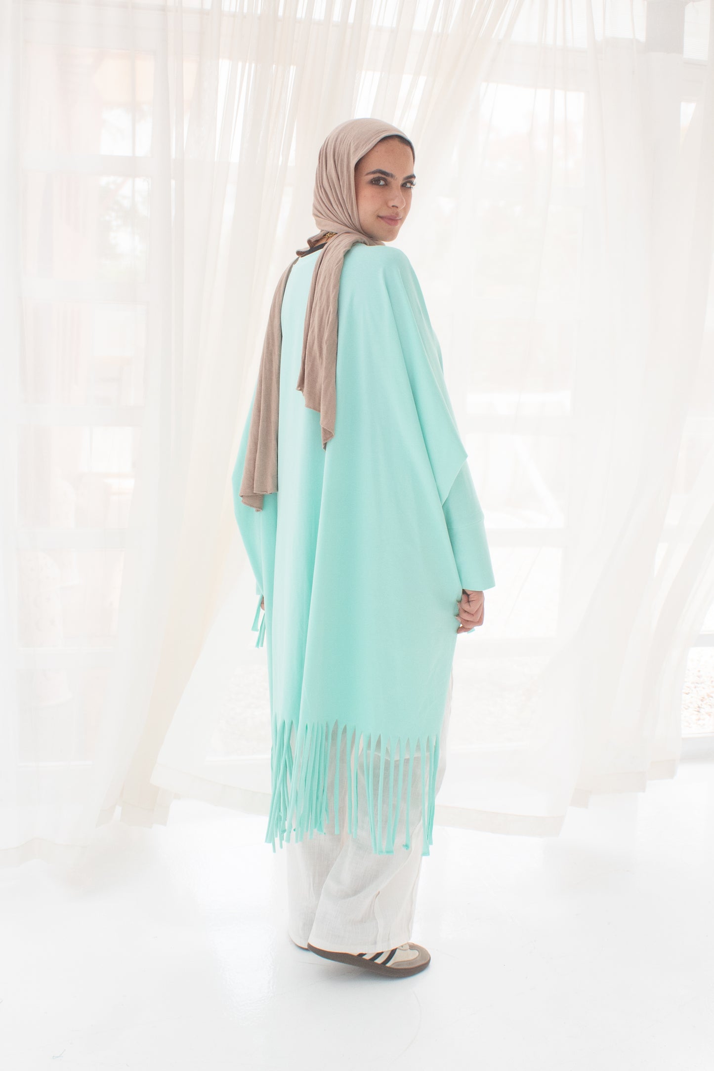 Soft cotton oversized T-shirt with fringes in aqua sky