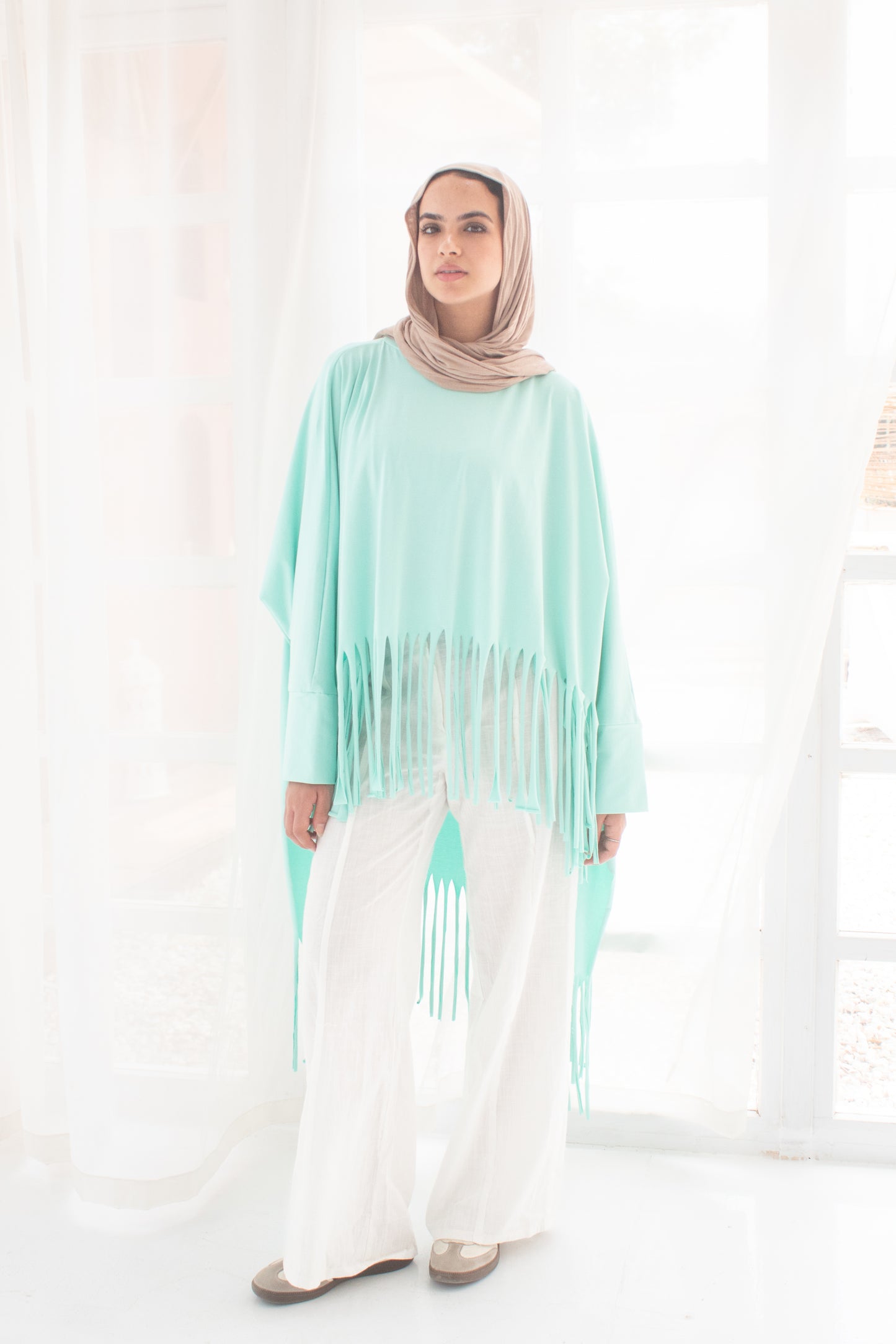 Soft cotton oversized T-shirt with fringes in aqua sky