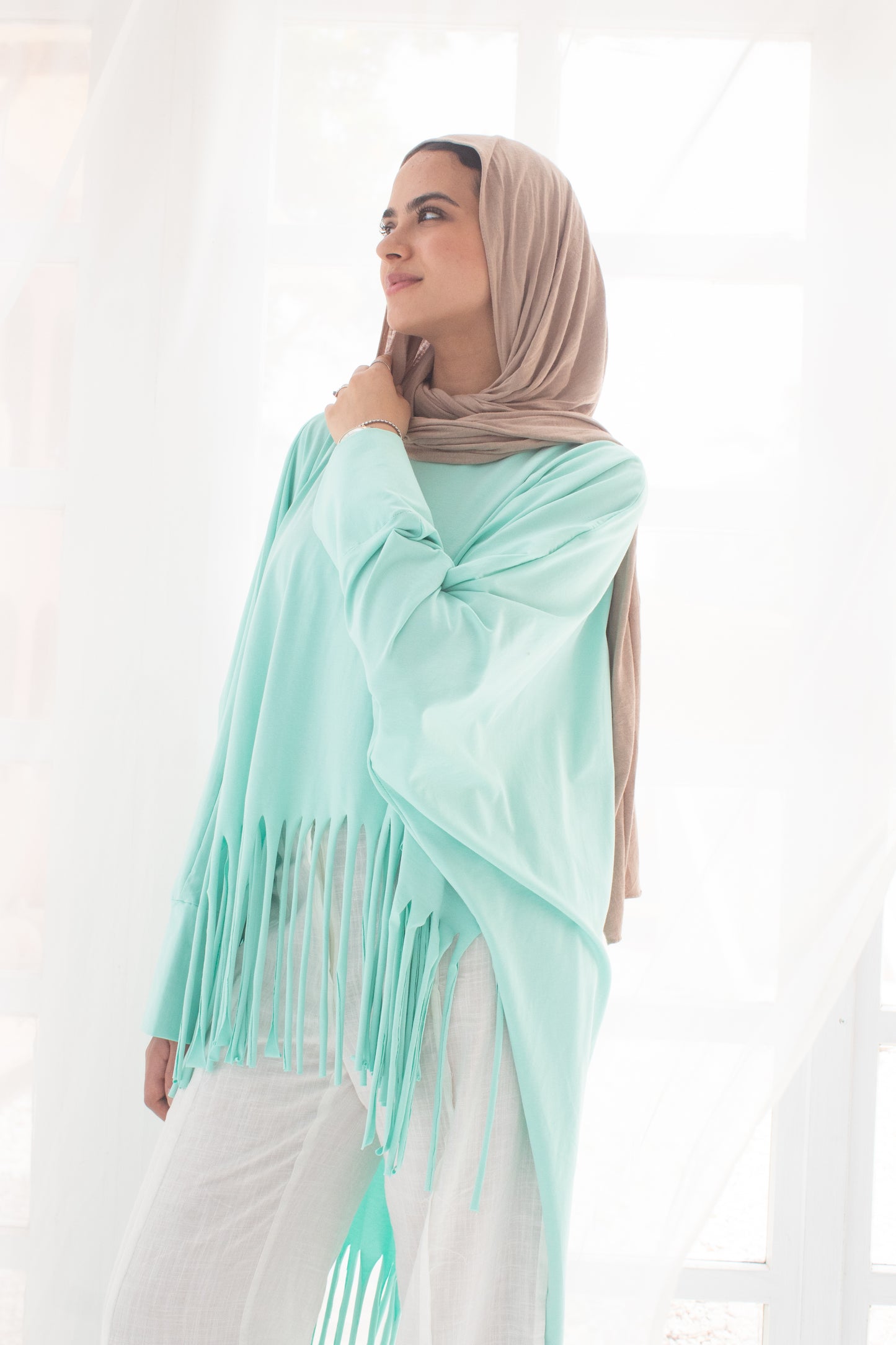 Soft cotton oversized T-shirt with fringes in aqua sky