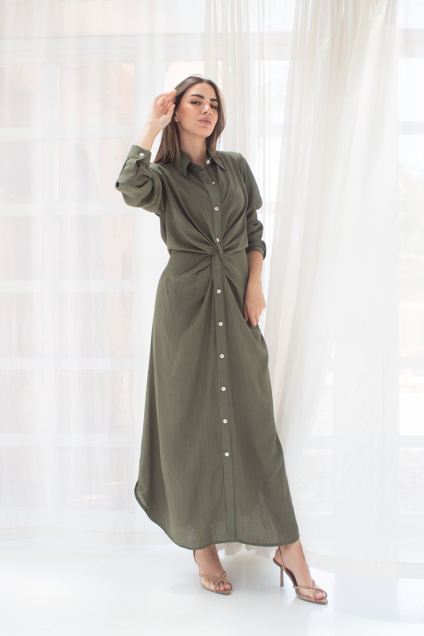 (Soli dress)olive glass (Linen Mixed with Silk)dress