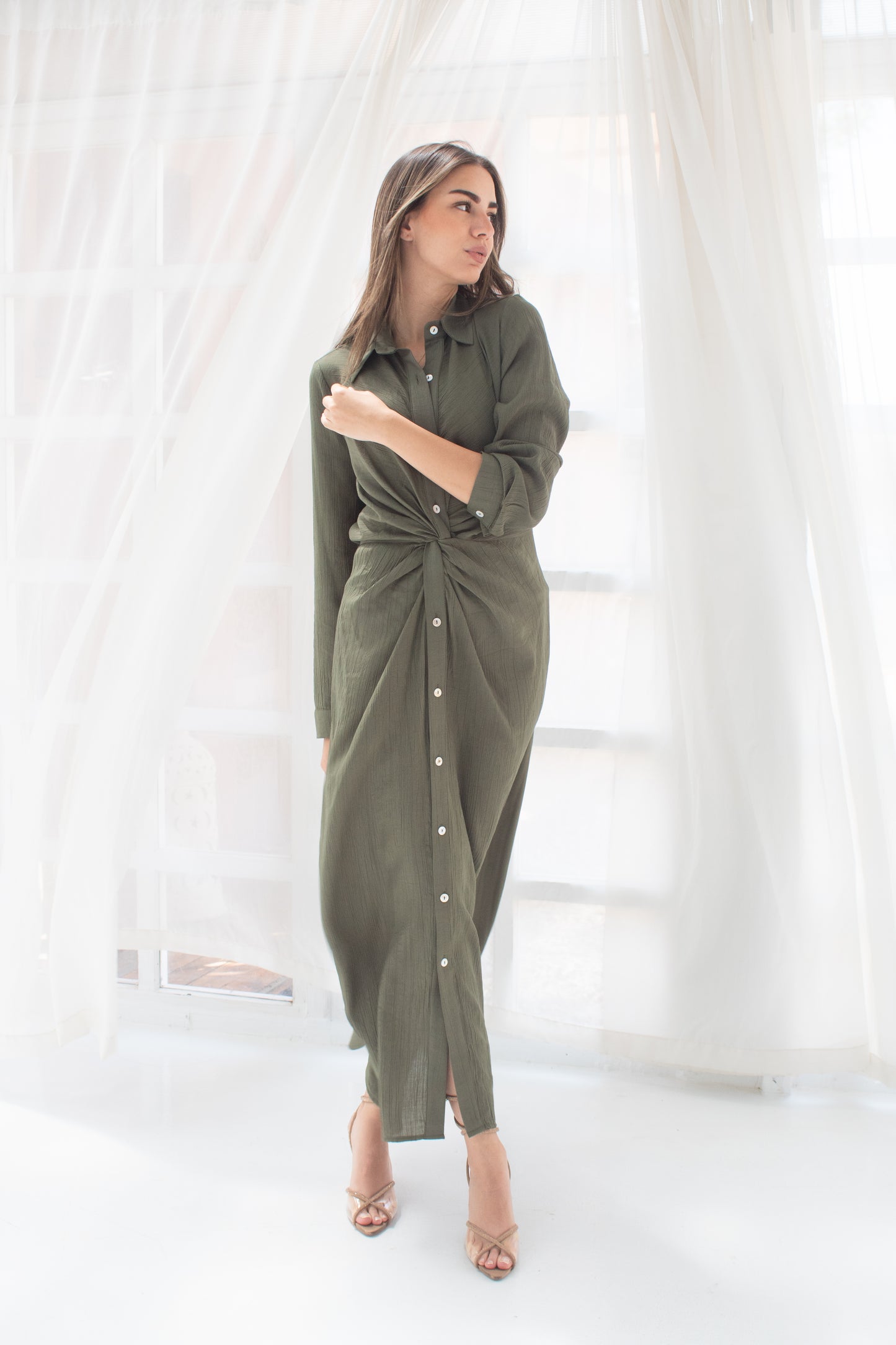 (Soli dress)olive glass (Linen Mixed with Silk)dress