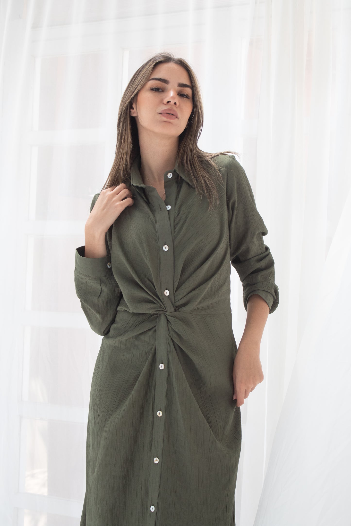 (Soli dress)olive glass (Linen Mixed with Silk)dress