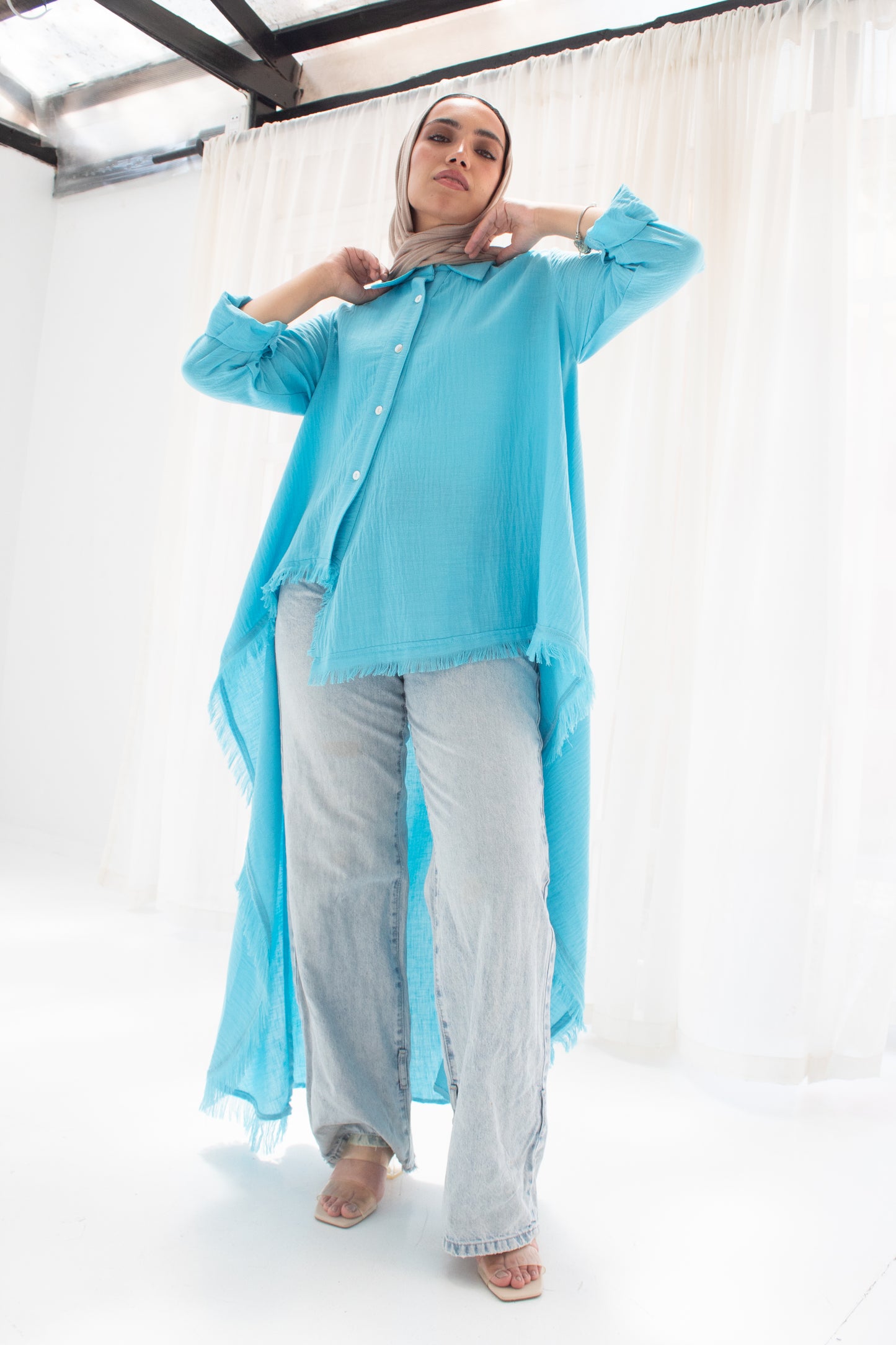 Boho high and low linen blouse in turquoise