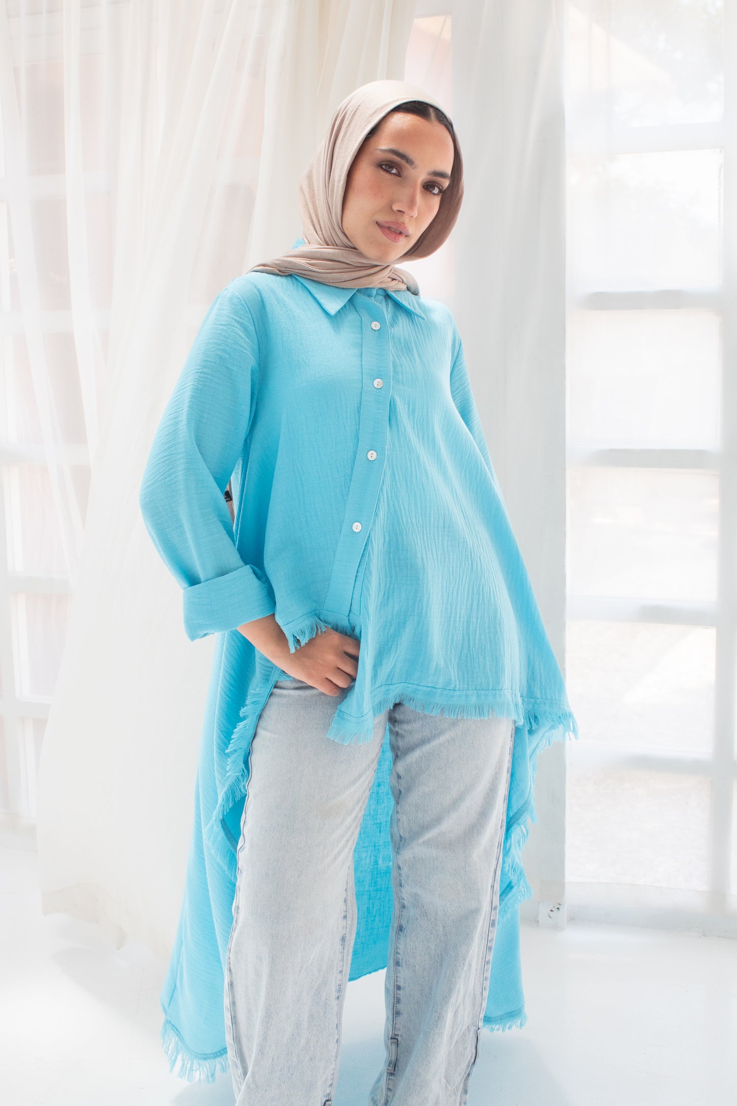 Boho high and low linen blouse in turquoise