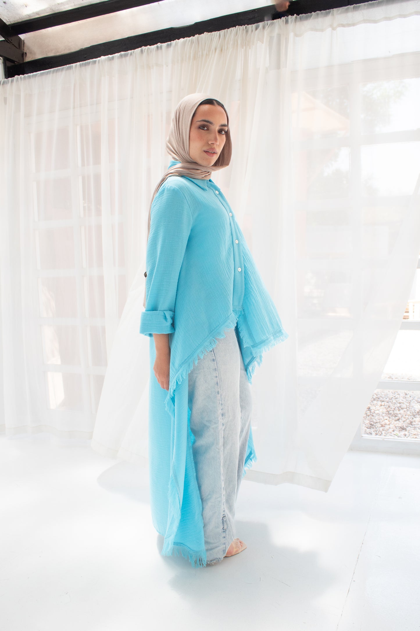 Boho high and low linen blouse in turquoise