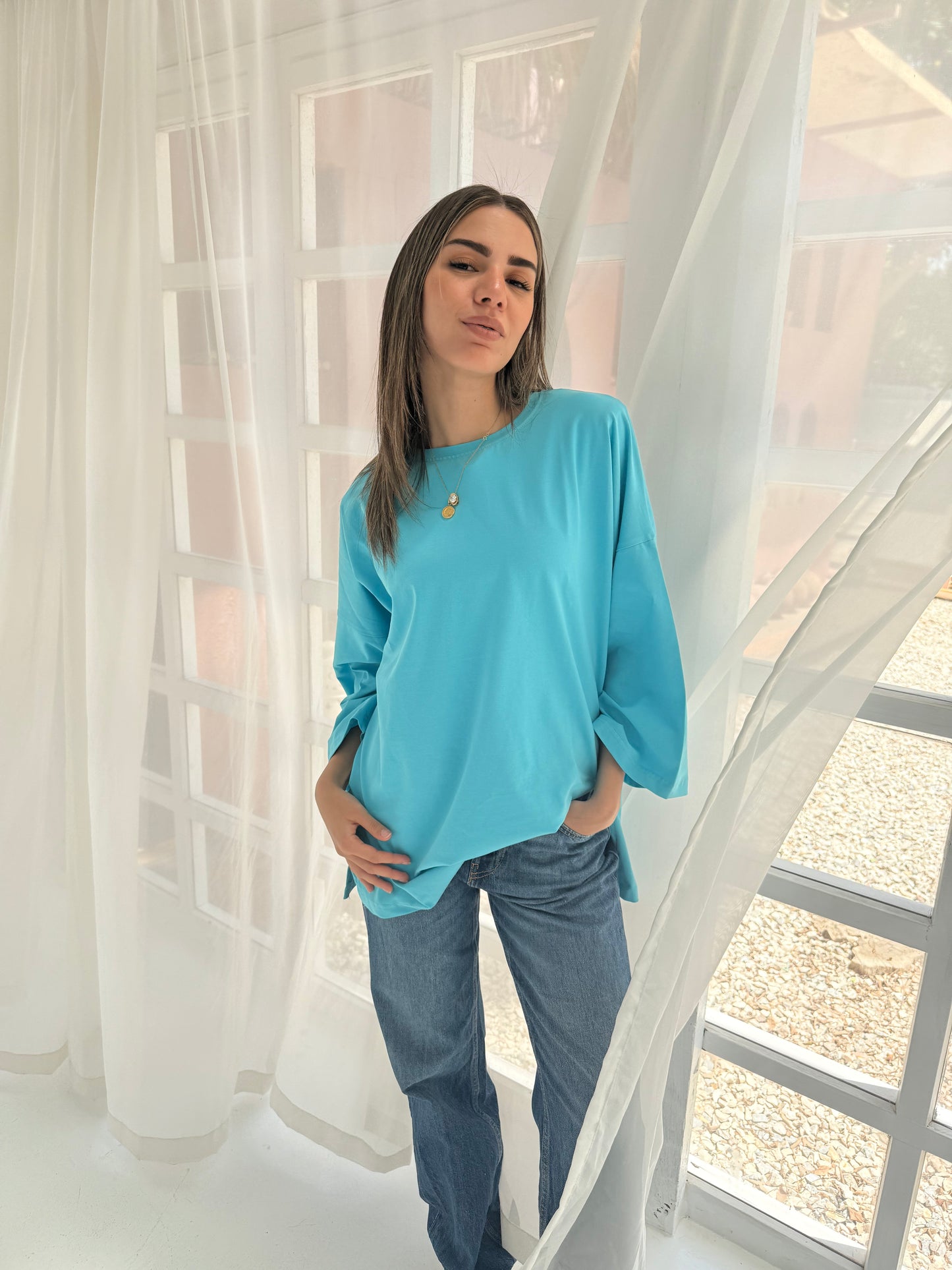 Cotton T-shirt in turquoise