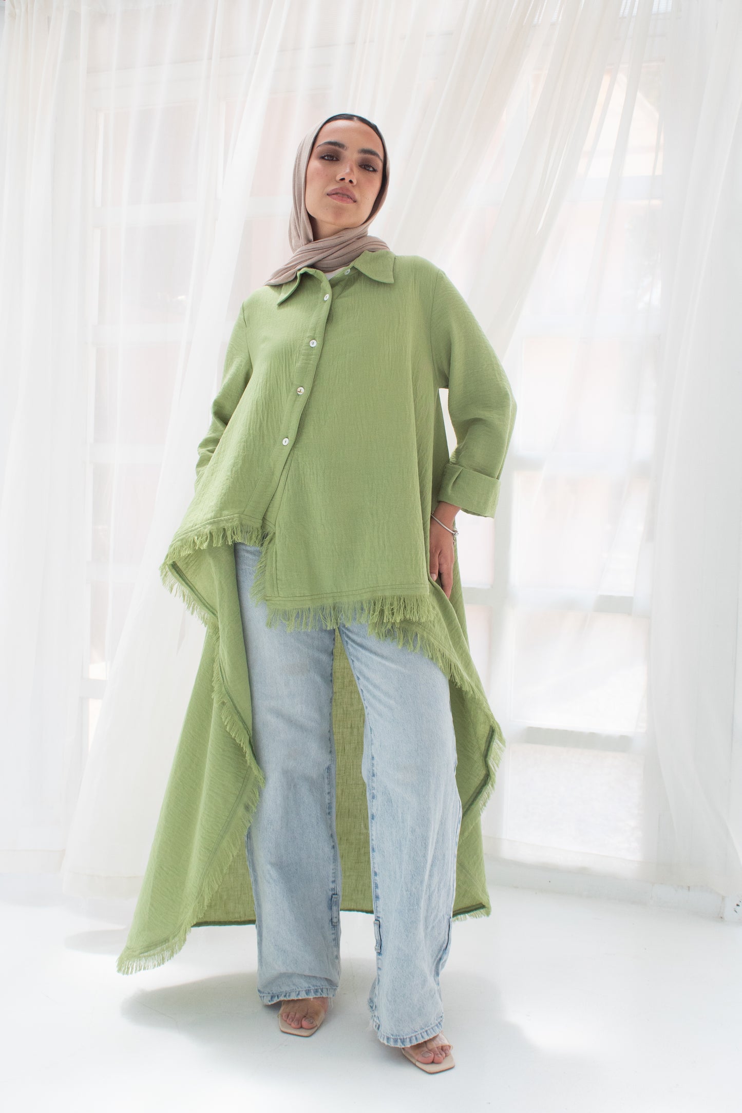 Boho high and low linen blouse in green