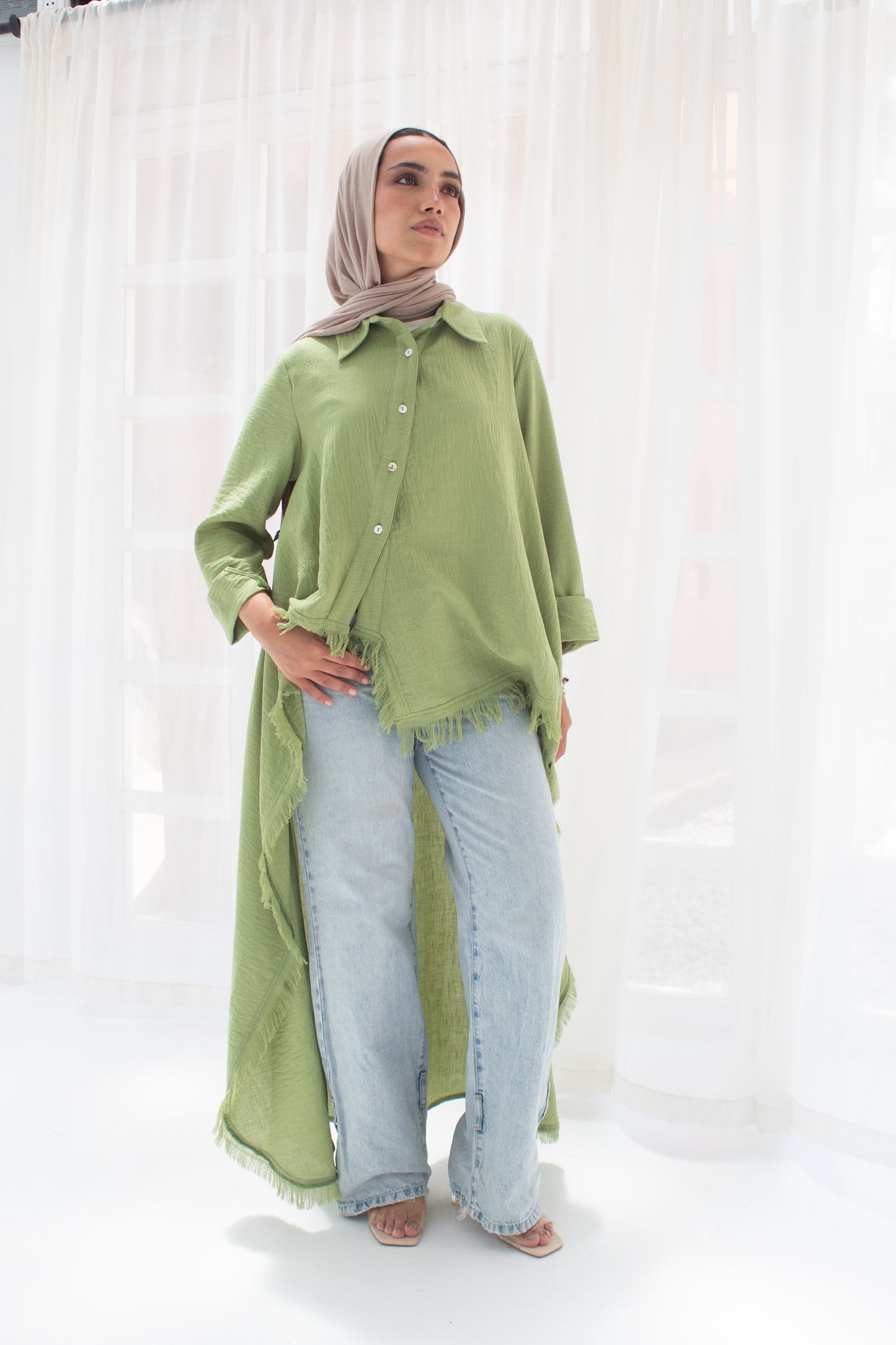 Boho high and low linen blouse in green