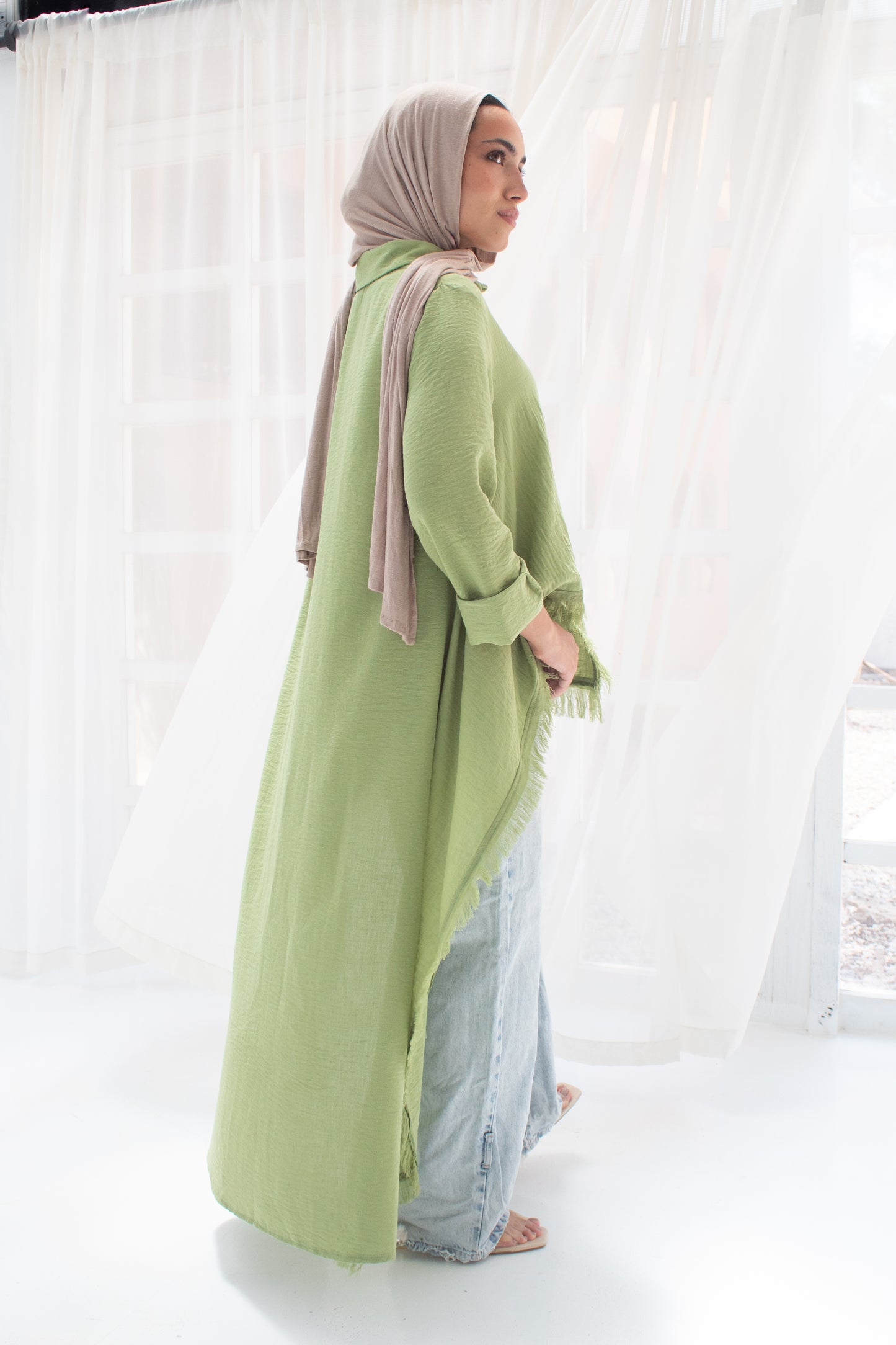 Boho high and low linen blouse in green