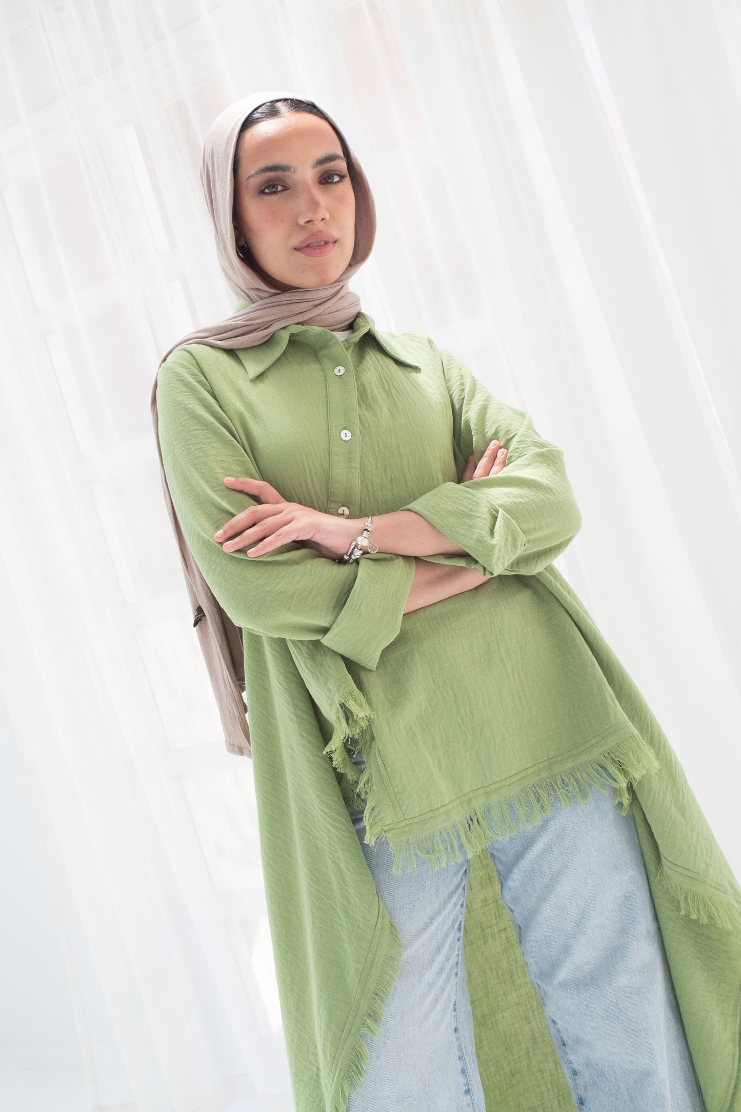 Boho high and low linen blouse in green