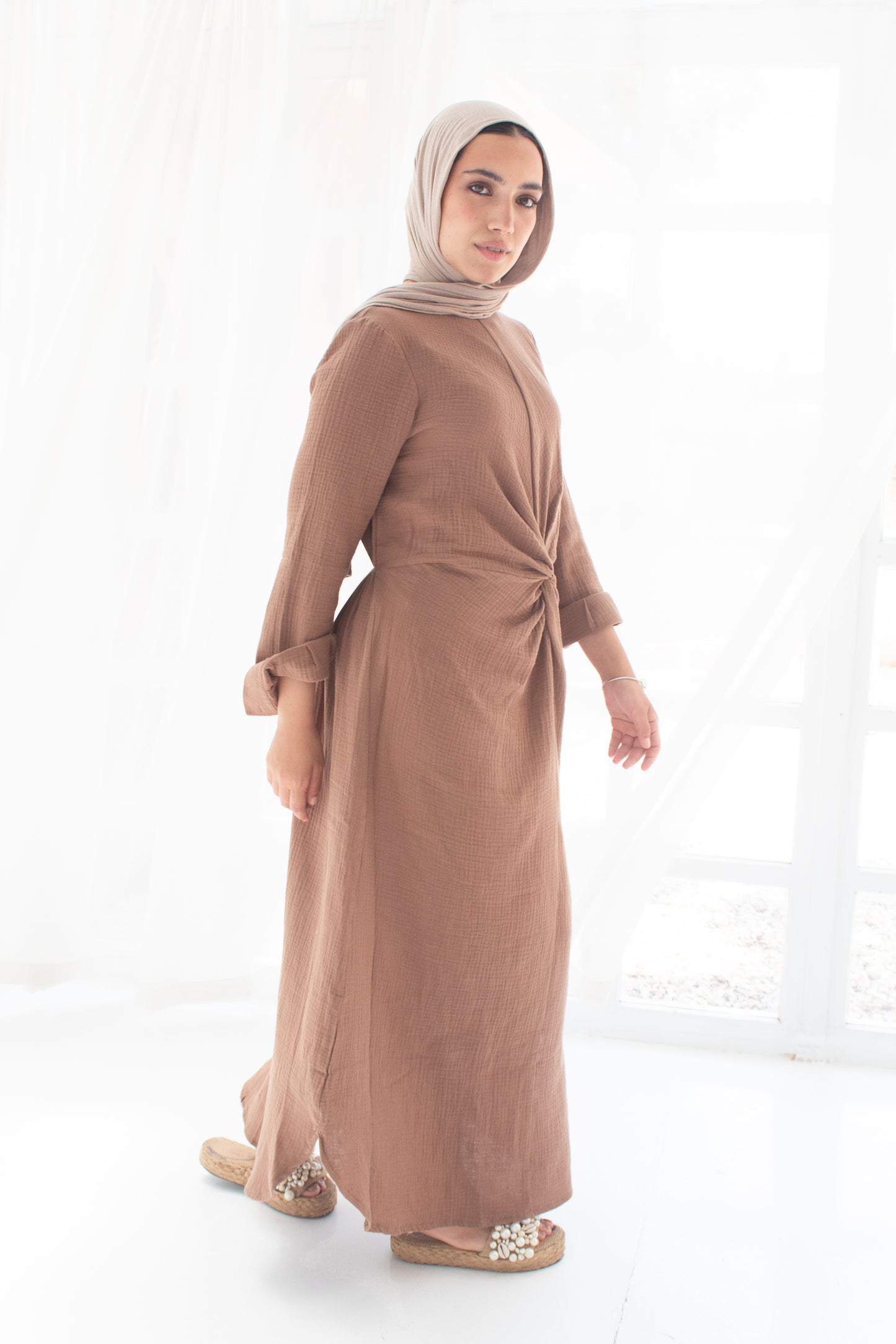 Sofia milky chocolate linen cotton dress
