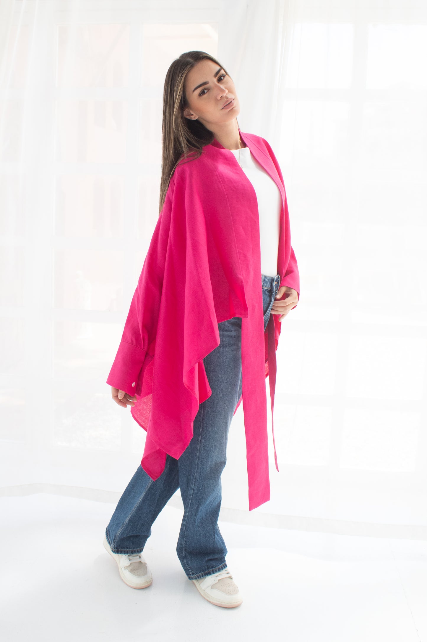 Pure linen cardigan in hot pink