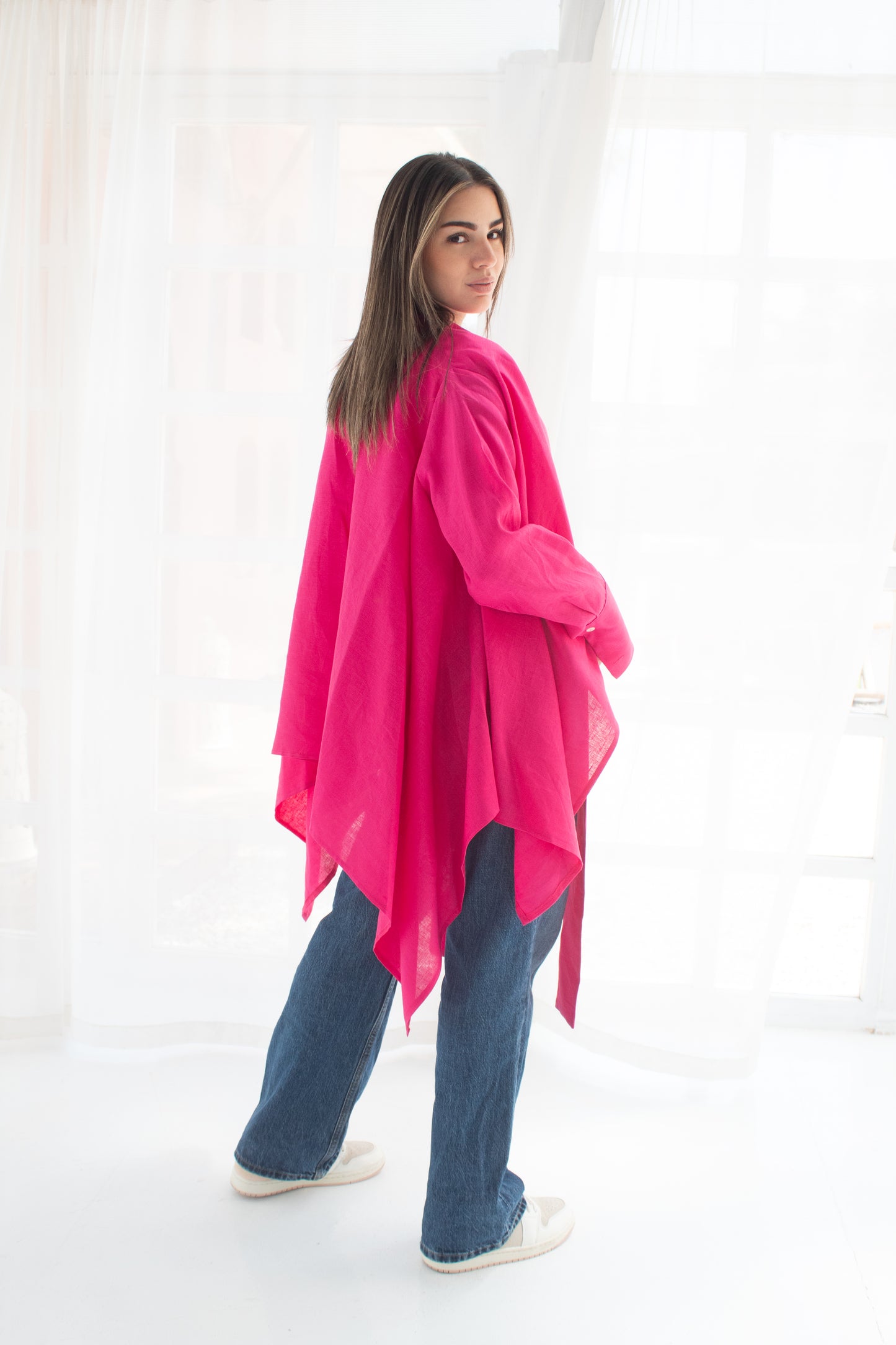 Pure linen cardigan in hot pink