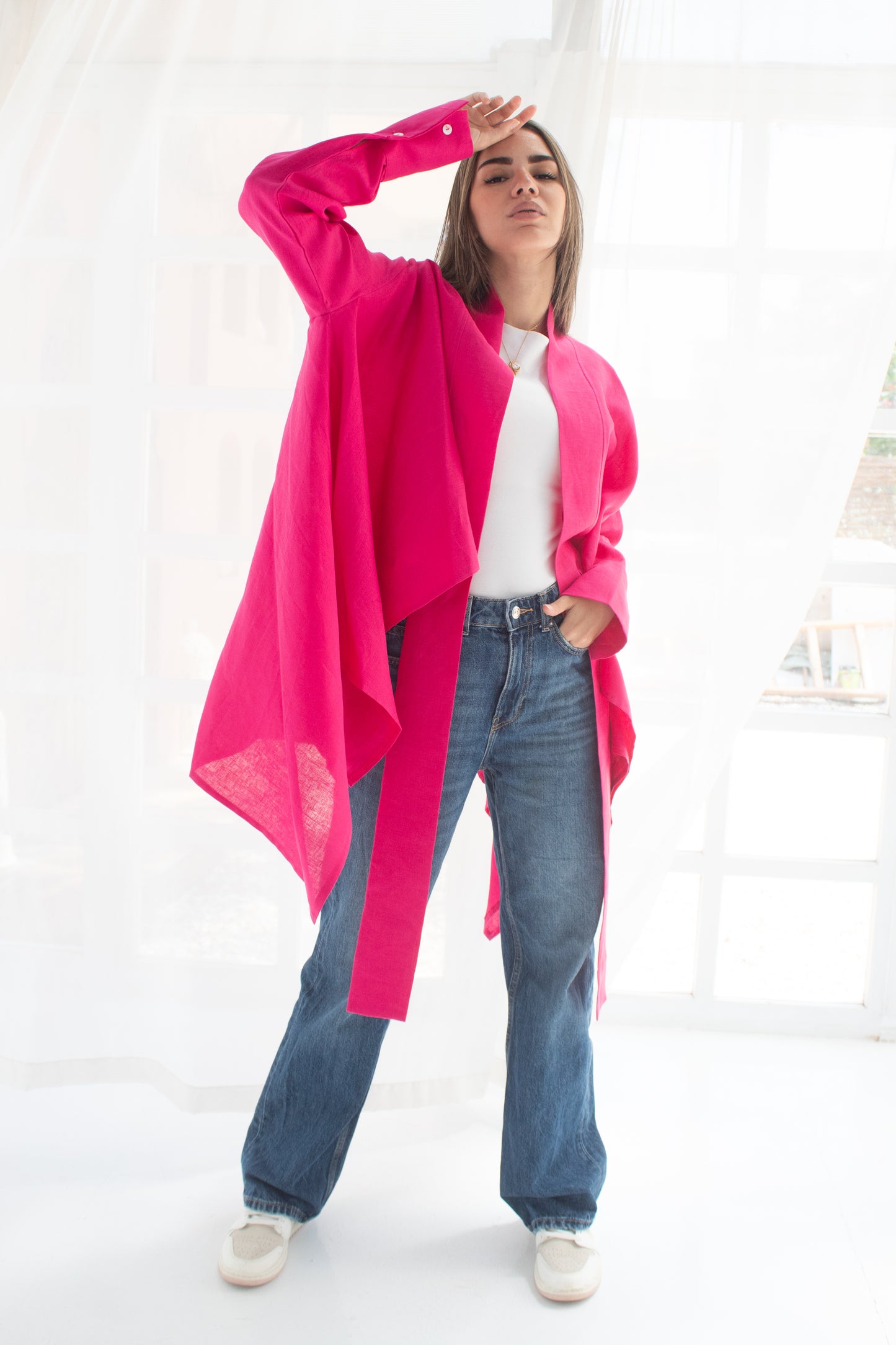 Pure linen cardigan in hot pink